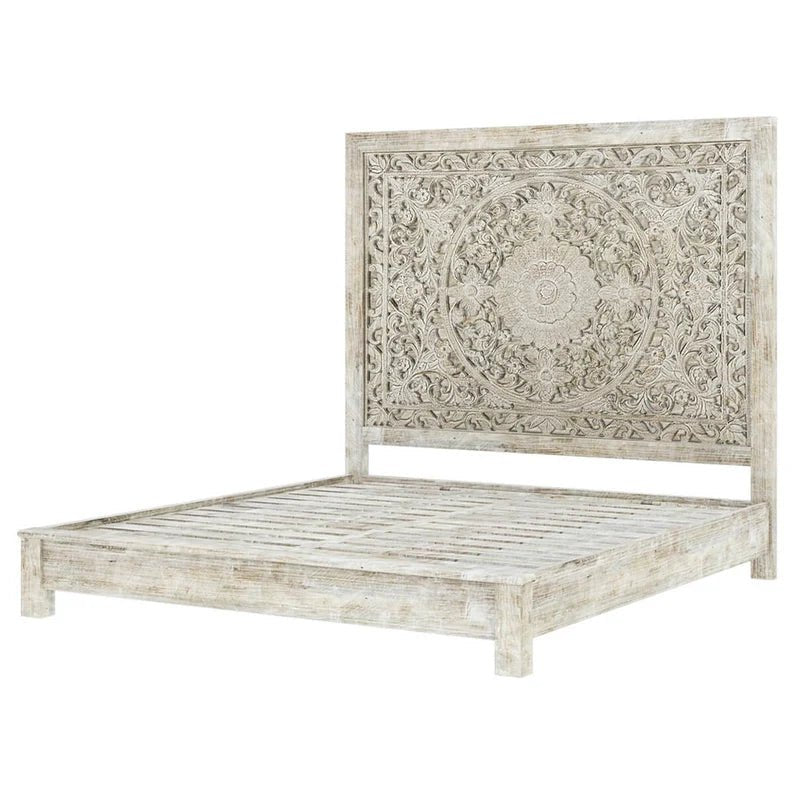 Hand Carved Rustic Solid Wood Bed Frame with White Headboard - Perfect for Farmhouse, Cottage & Vintage Style Bedrooms