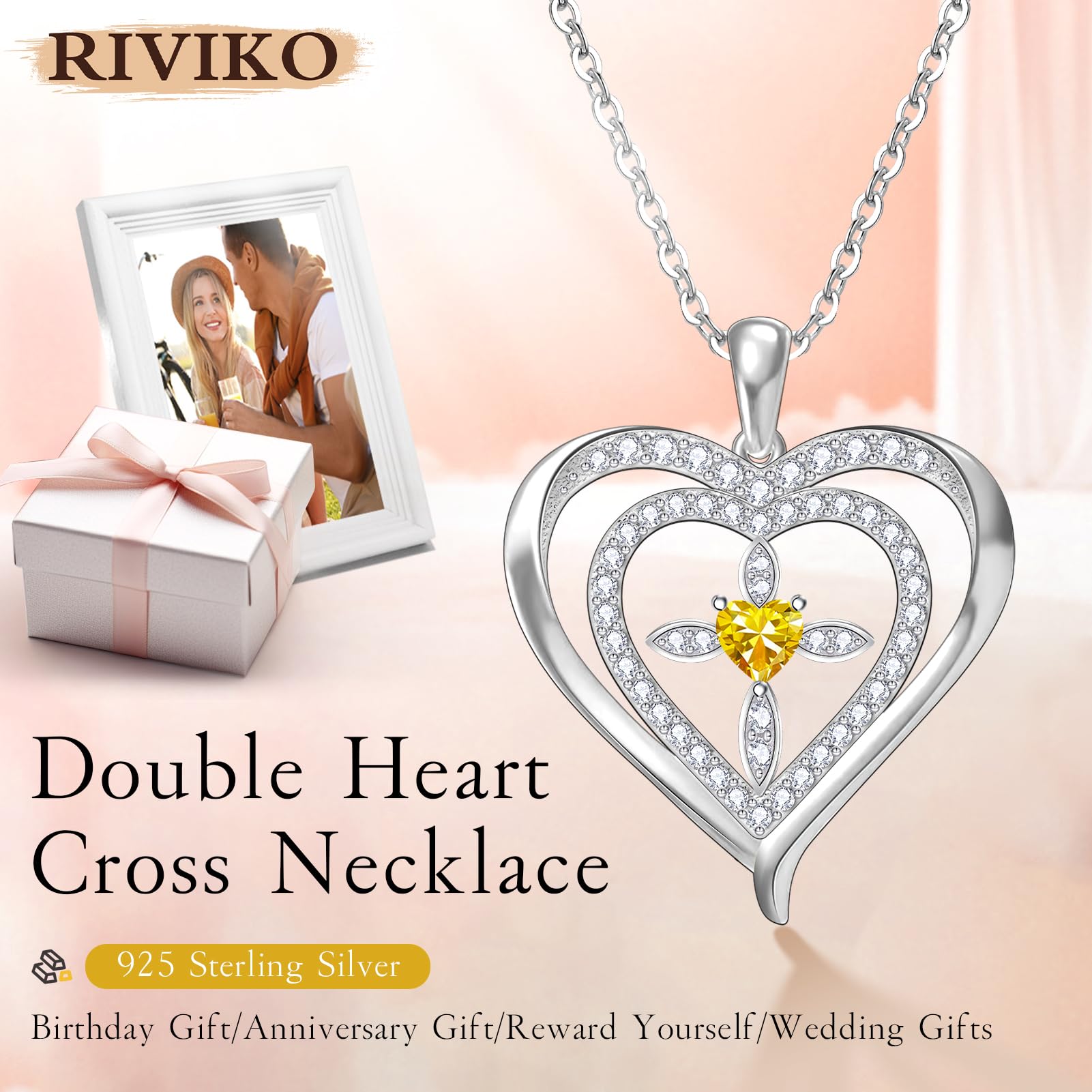 RIVIKO 925 Sterling Silver Cross Birthstone Necklace for Women - Elegant Heart Pendant Necklace, Trendy Anniversary Jewelry & Birthday Gift for Wife, Mother, Friend | Perfect for Christmas, Valentine's Day & Special Occasions