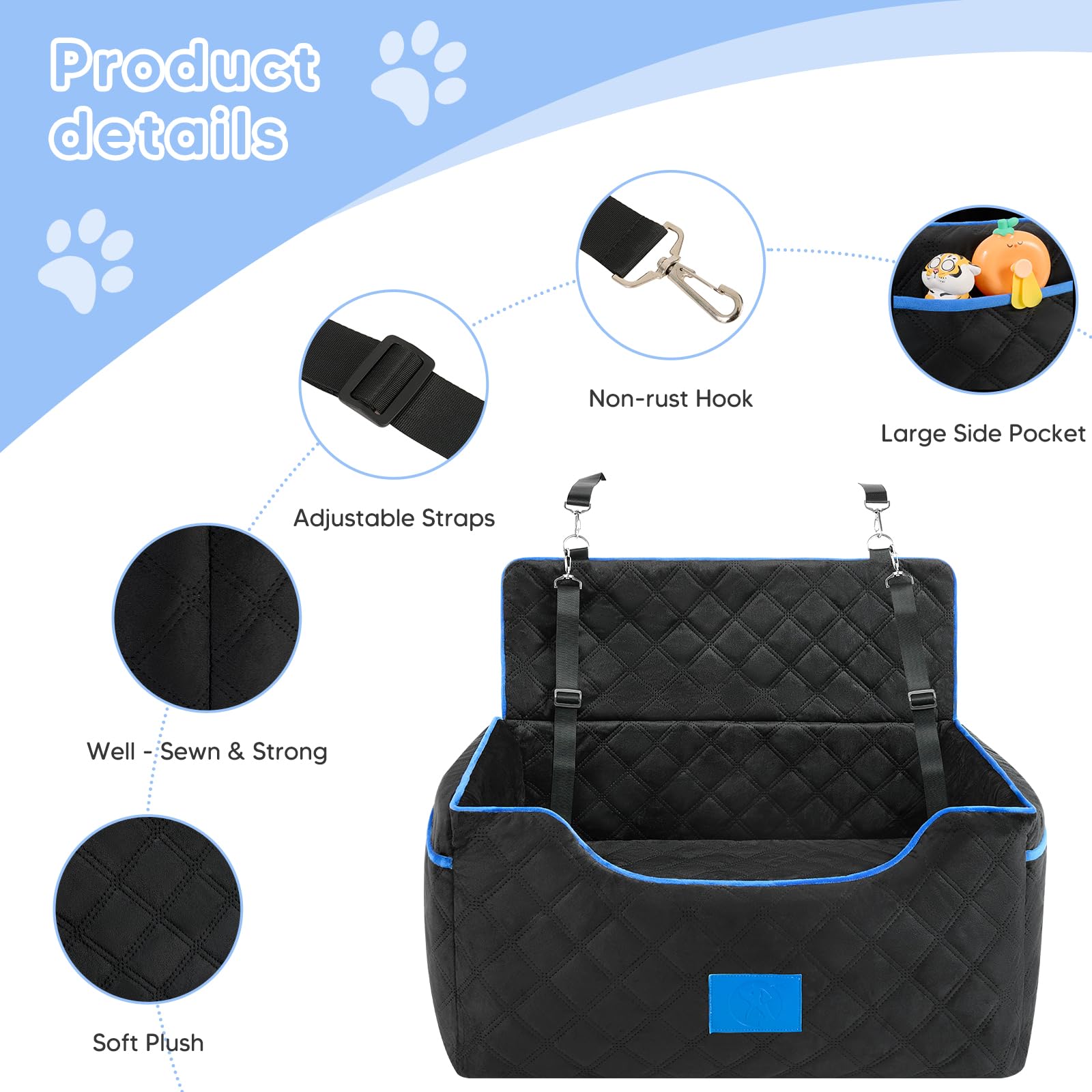 Premium Memory Foam Dog Car Seat for Large & Medium Dogs up to 55 lbs - Washable Elevated Pet Booster Seat with Safety Belt & Storage Pocket - Perfect for Road Trips, Vet Visits & Family Outings