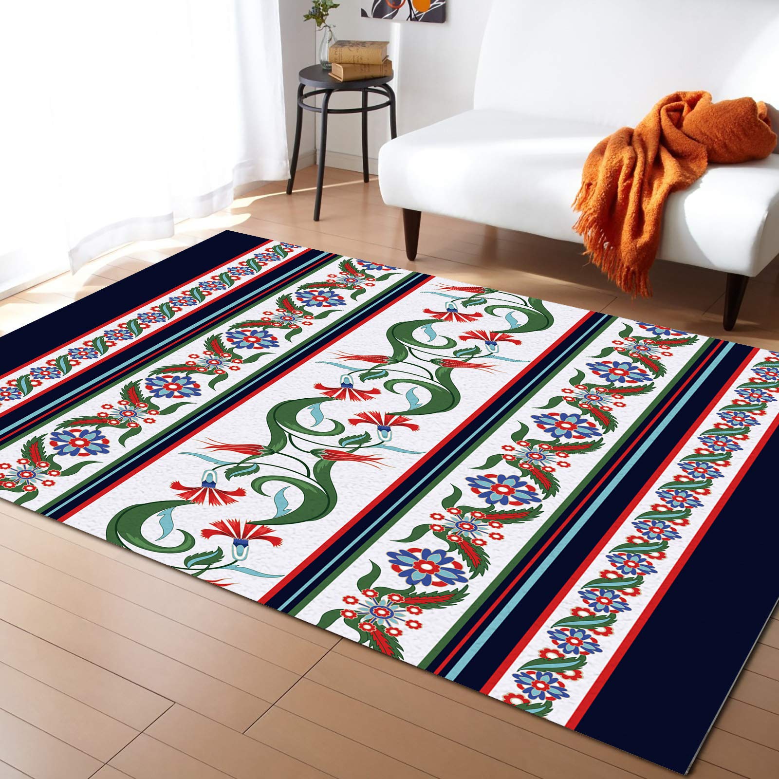 Vintage Floral & Leaves Pattern Non-Slip Area Rug - 4'x6' Rectangle Indoor Rug in White & Navy Blue for Bedroom, Living Room, Kids Room | Soft & Durable Accent Rug for Home Decor, Playroom & Nursery