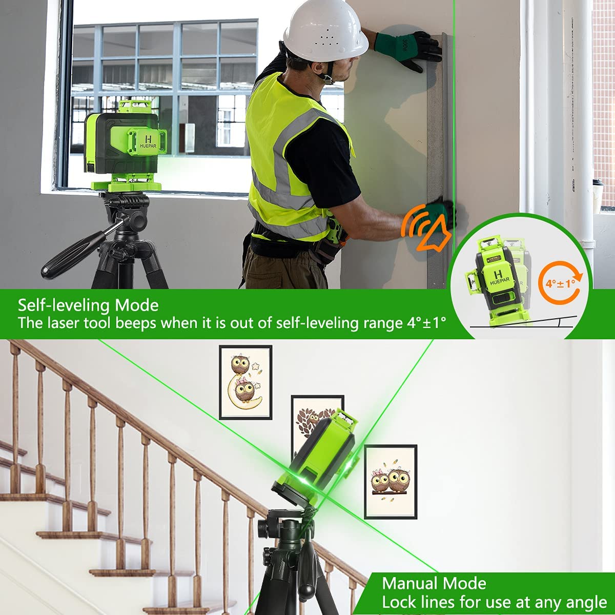 Huepar 904DG 4D Self-Leveling Laser Level with Remote Control - 16 Green Beam Lines, 4x360° Coverage, Magnetic Bracket & Li-ion Battery - Perfect for Floor Tiling, Wall Alignment, and Construction Layouts