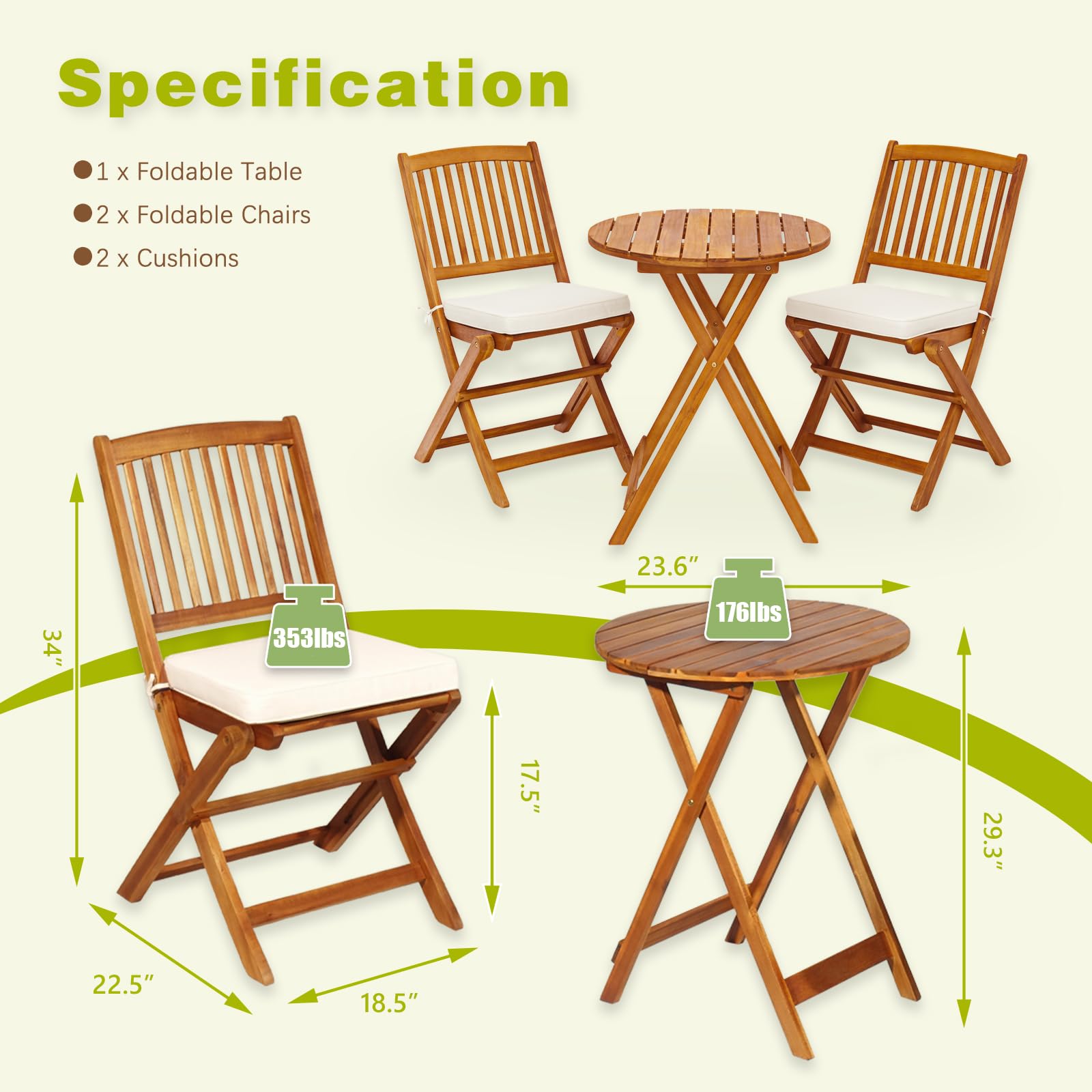 S AFSTAR 3-Piece Acacia Wood Patio Bistro Set with Folding Chairs, Round Coffee Table & Padded Cushions - Outdoor Dining Set for Garden, Balcony, Poolside, Porch & Backyard (Beige) - Perfect for Morning Coffee, Afternoon Tea, and Relaxing Evenings
