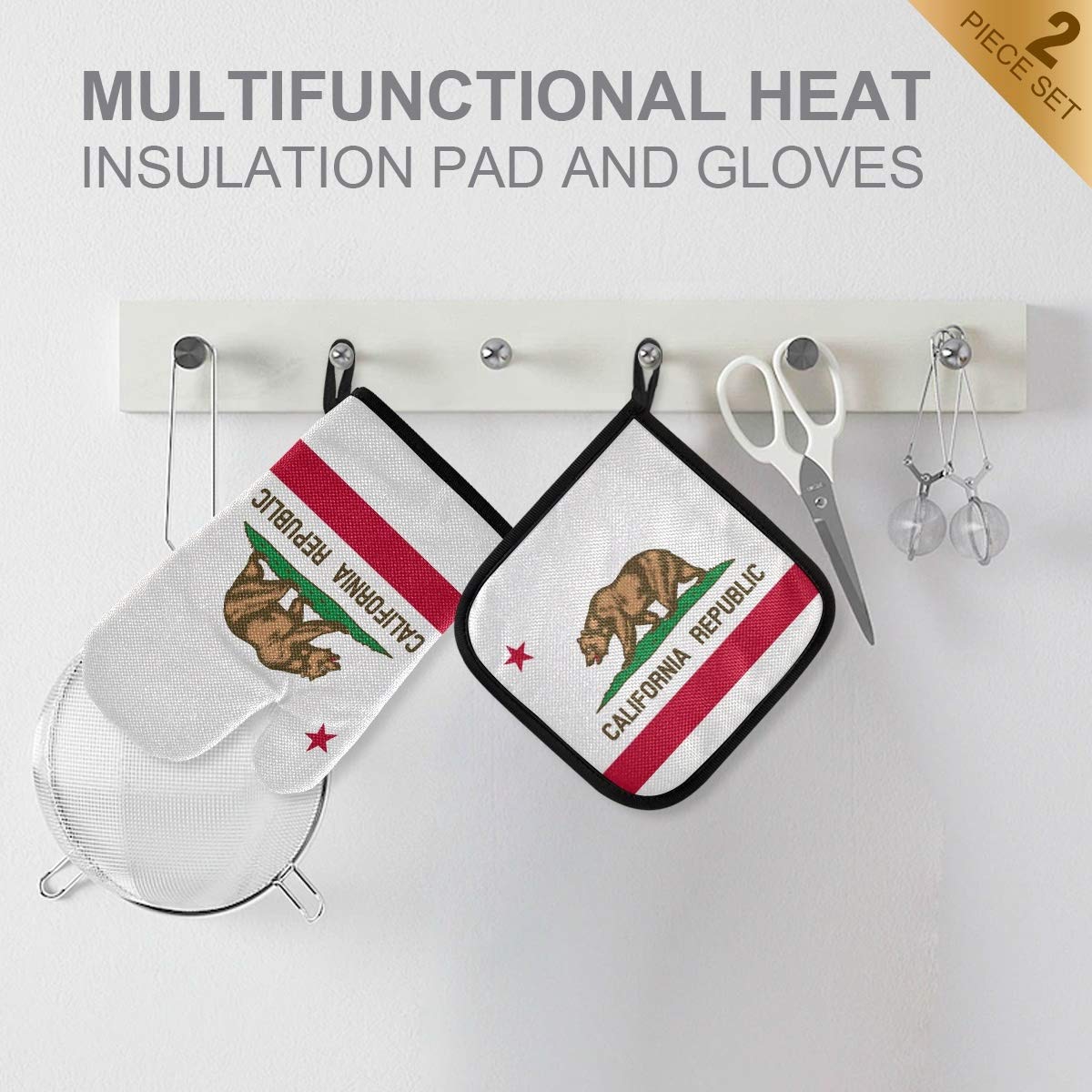 California Bear Flag Oven Mitt & Pot Holder Set - Heat Resistant Kitchen Gloves for Cooking, Baking, Grilling & BBQ - Perfect for Home Chefs & Outdoor Barbecues