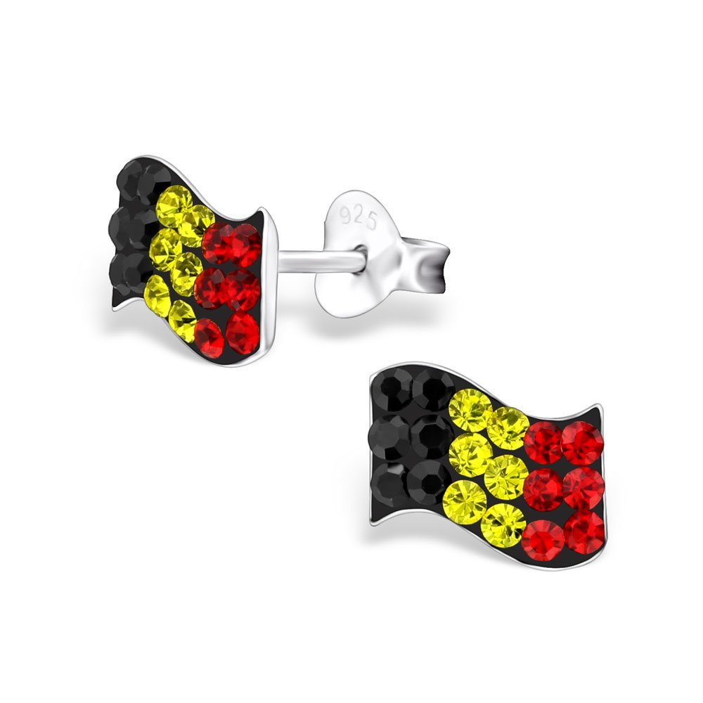 925 Silver Belgium Flag Stud Earrings with Crystals - Gift for Travel Lovers