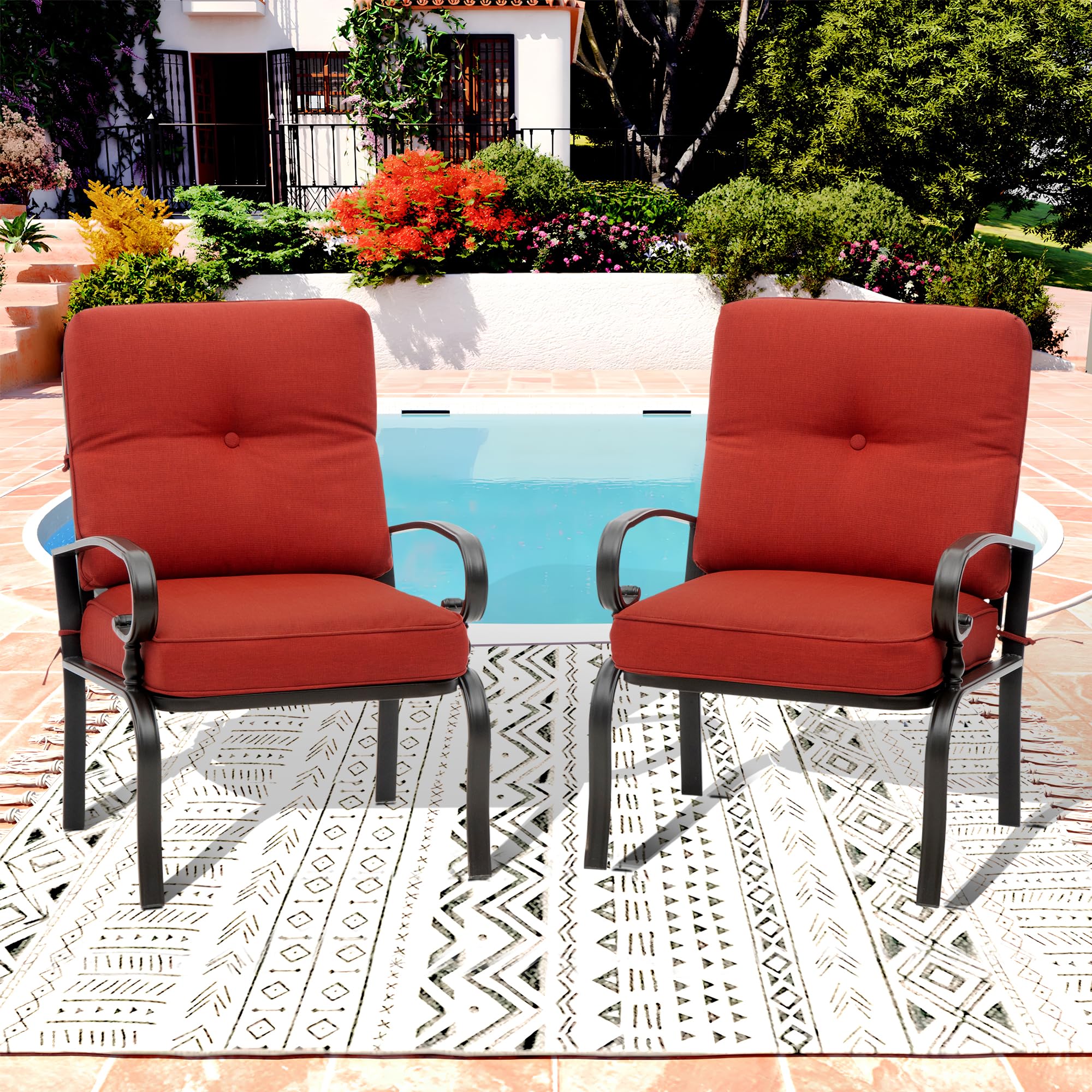 2 Pcs Outdoor Patio Dining Chairs Bistro Set - Wrought Iron Garden Furniture with Red Cushions, All-Weather Resistant for Backyard, Balcony, and Poolside Relaxation