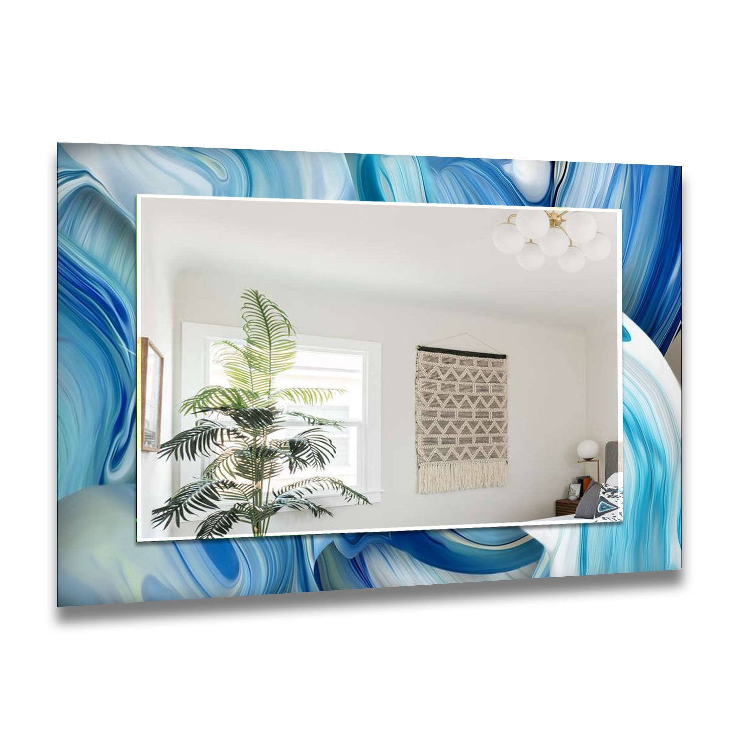 Abstract Wavy Blue Wall Mirror - Modern Decorative Mirror for Living Room, Bedroom & Bathroom - Unique Handmade Art Piece for Home Decor & Interior Design