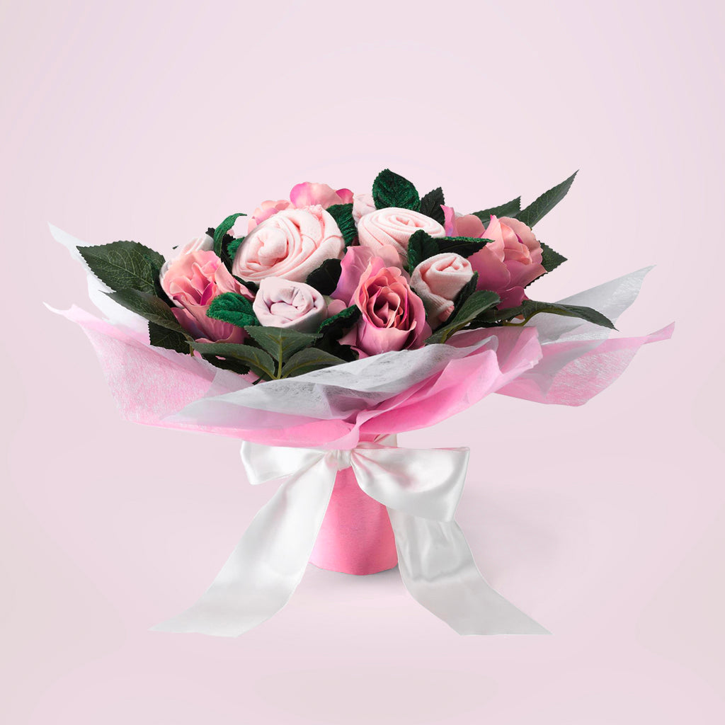 Hand Tied Baby Clothes Bouquet - Pink Floral Arrangement for Newborn Gifts, Baby Showers & Nursery Decor