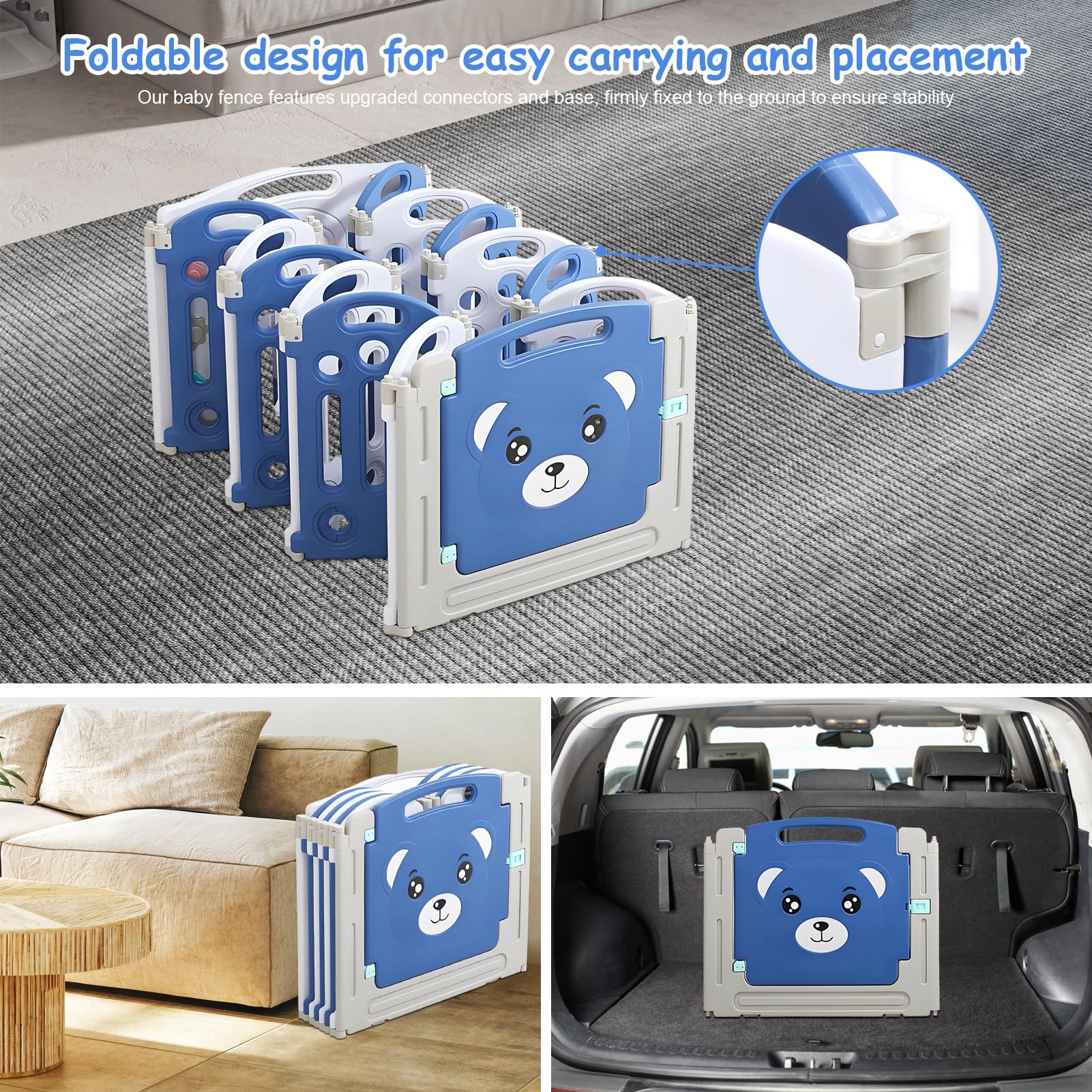 Foldable Baby Playpen with 14 Panels - Portable Safety Play Yard for Babies & Toddlers, Indoor & Outdoor Use, Bear Pattern Design - Perfect for Home, Park, and Travel Playtime