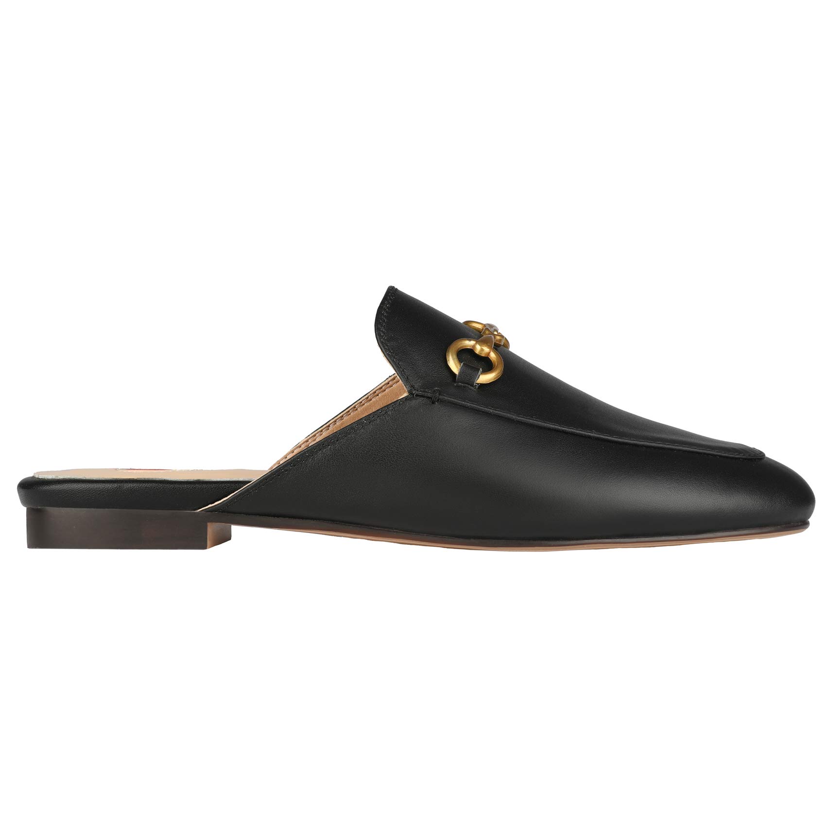 Arqa Women's Almond Toe Leather Slip-On Mules - Comfortable Backless Loafers with Buckle Detail | Perfect for Office, Casual Wear & Summer Outfits