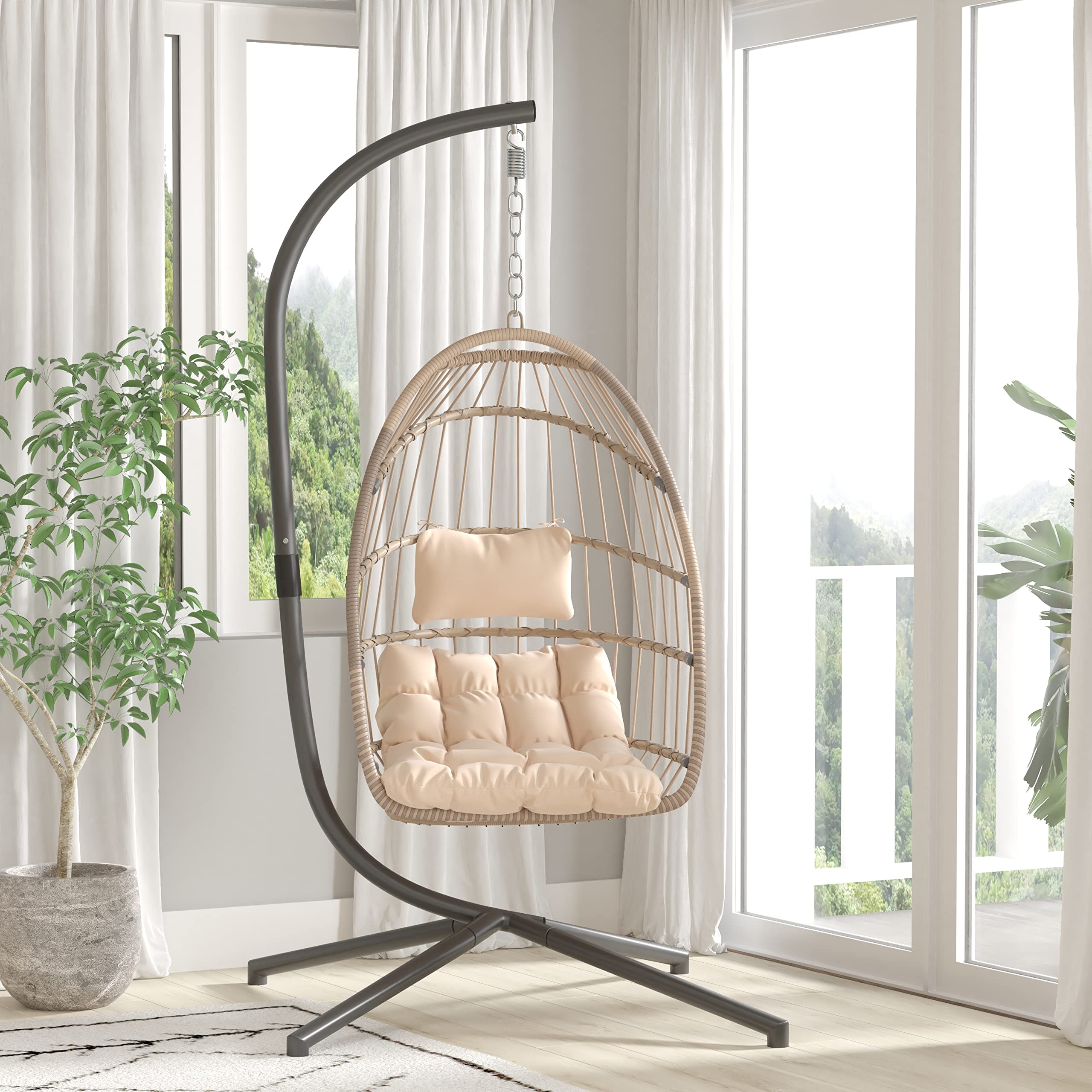 Merrick Lane Riley Hanging Egg Chair - Foldable Natural Woven Rattan Frame with Removable Cream Cushion & Included Stand - Perfect for Patio, Garden, Balcony or Living Room Relaxation