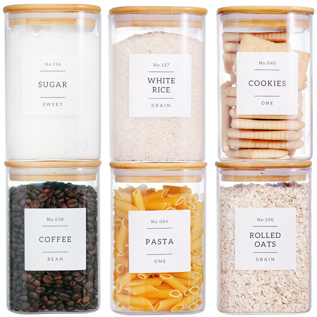 6-Pack 35oz Square Glass Food Storage Jars with Airtight Bamboo Lids & 132 Pantry Labels - Kitchen Canisters for Coffee, Tea, Spices, Cookies - Perfect for Pantry Organization & Home Decor