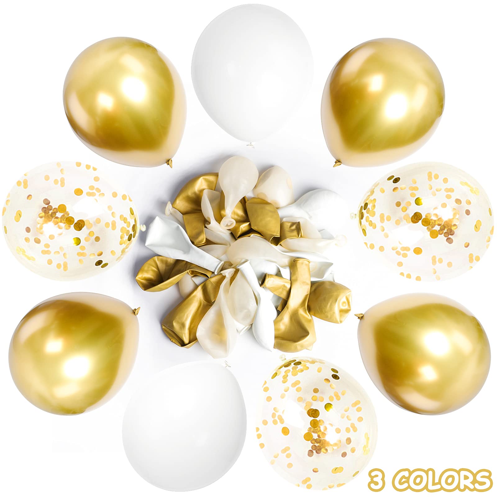 100-Pack 12-Inch White & Gold Confetti Balloons - Latex Helium Party Balloons for Birthday, Wedding, Bridal Shower, Proposal, Anniversary, Engagement Decorations - Perfect for Indoor/Outdoor Party Decor & Photo Backdrops