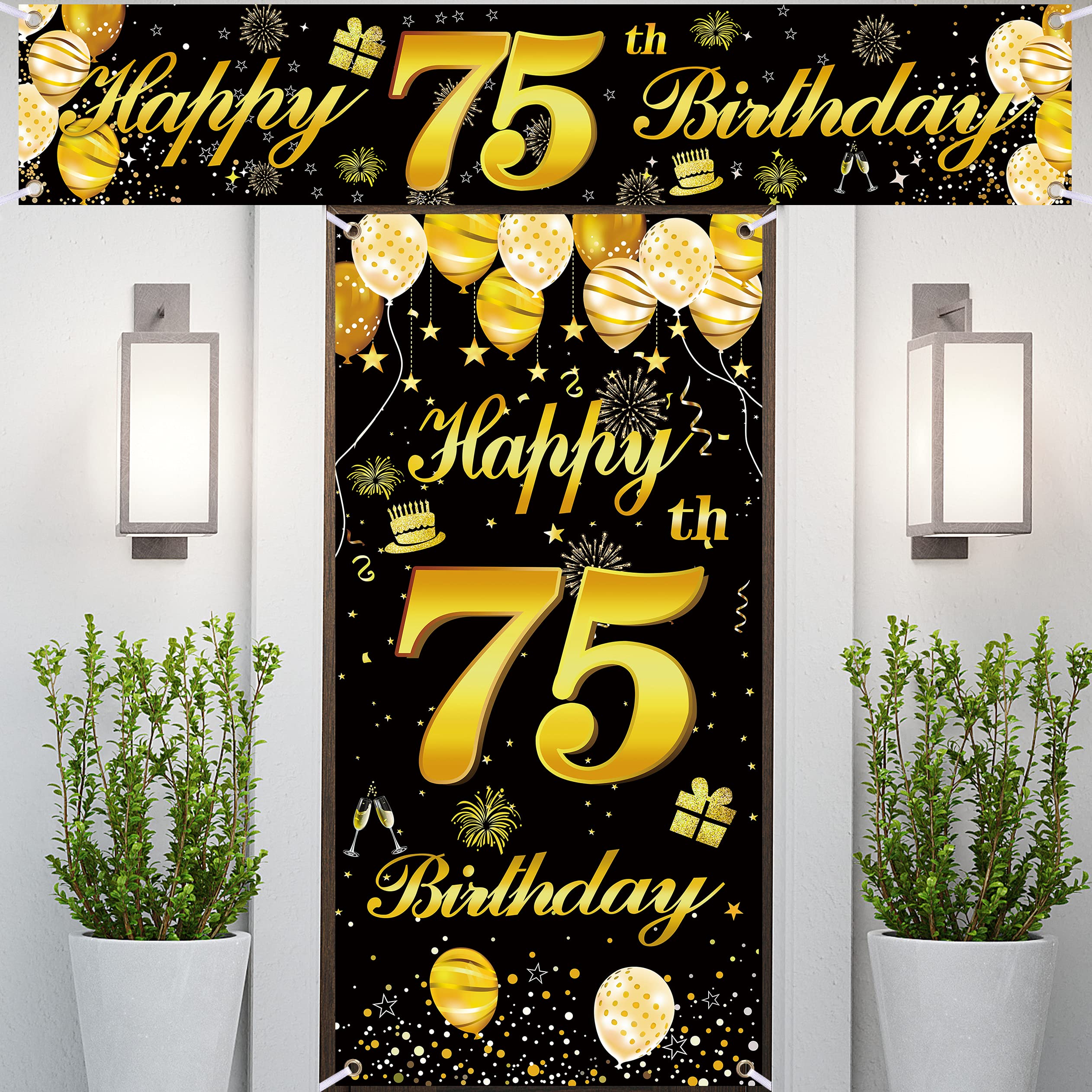 75th Happy Birthday Door Banner - Gold & Black Birthday Decorations for Men - Party Supplies for Dad, Grandpa - Perfect for Home, Office & Retirement Celebrations