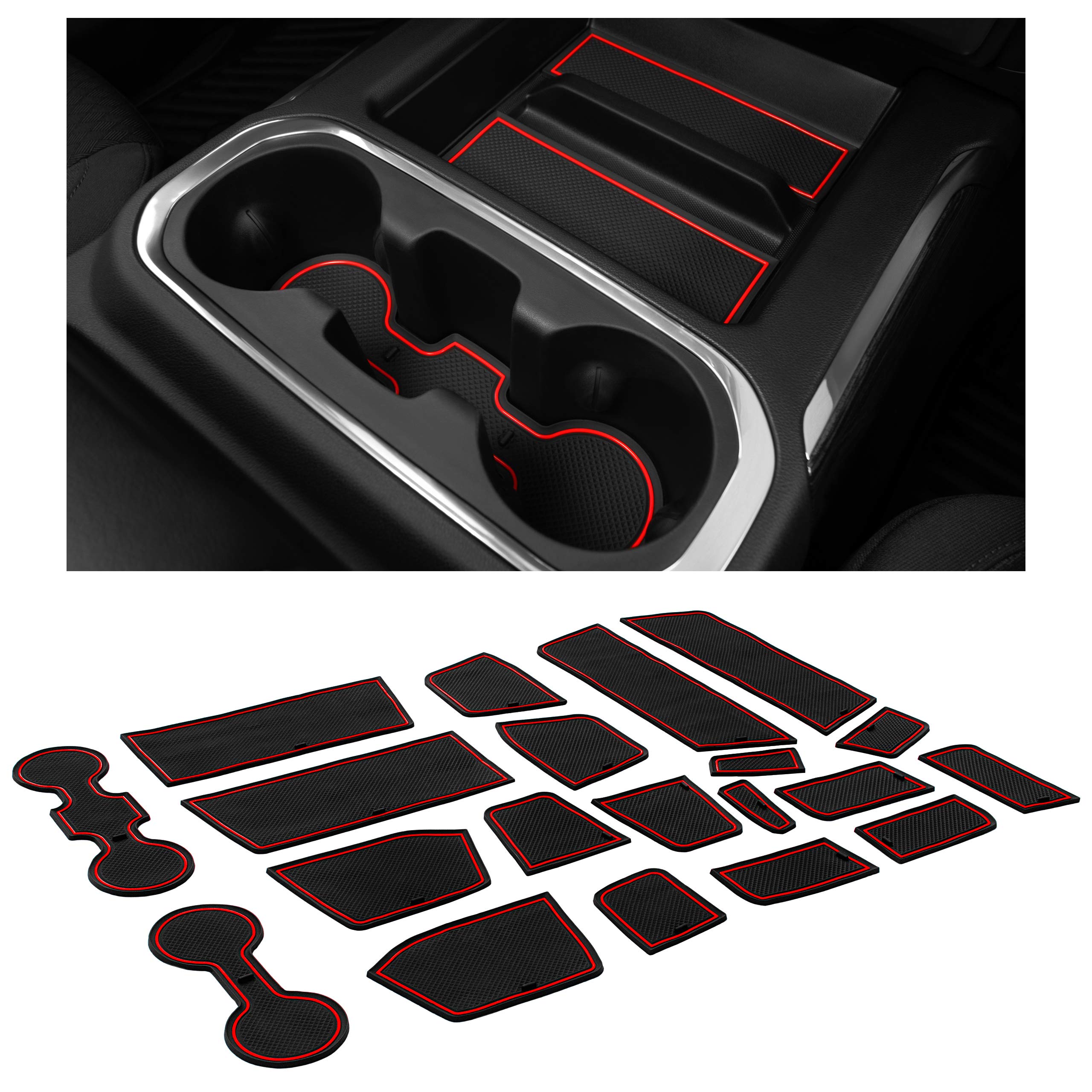 Premium Non-Slip Cup Holder Inserts & Console Liners for Chevy Silverado 1500 & GMC Sierra (2014-2022) - 24pc Custom Interior Accessories Set with Anti-Dust Design (Red Trim) | Perfect for Crew Cab with Bucket Seats - Keep Your Car Clean & Organized on Road Trips & Daily Commutes