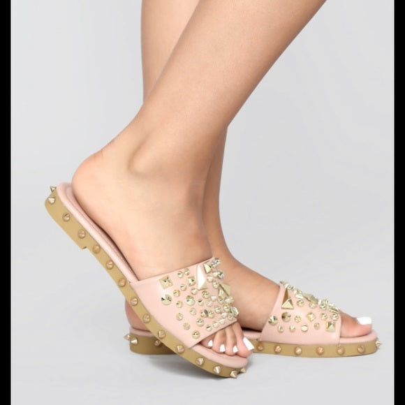 Toya Nude Studded Spiked Slides - Women's Fashion Sandals for Summer | Comfortable & Stylish Outdoor Slides for Beach, Pool, and Casual Wear