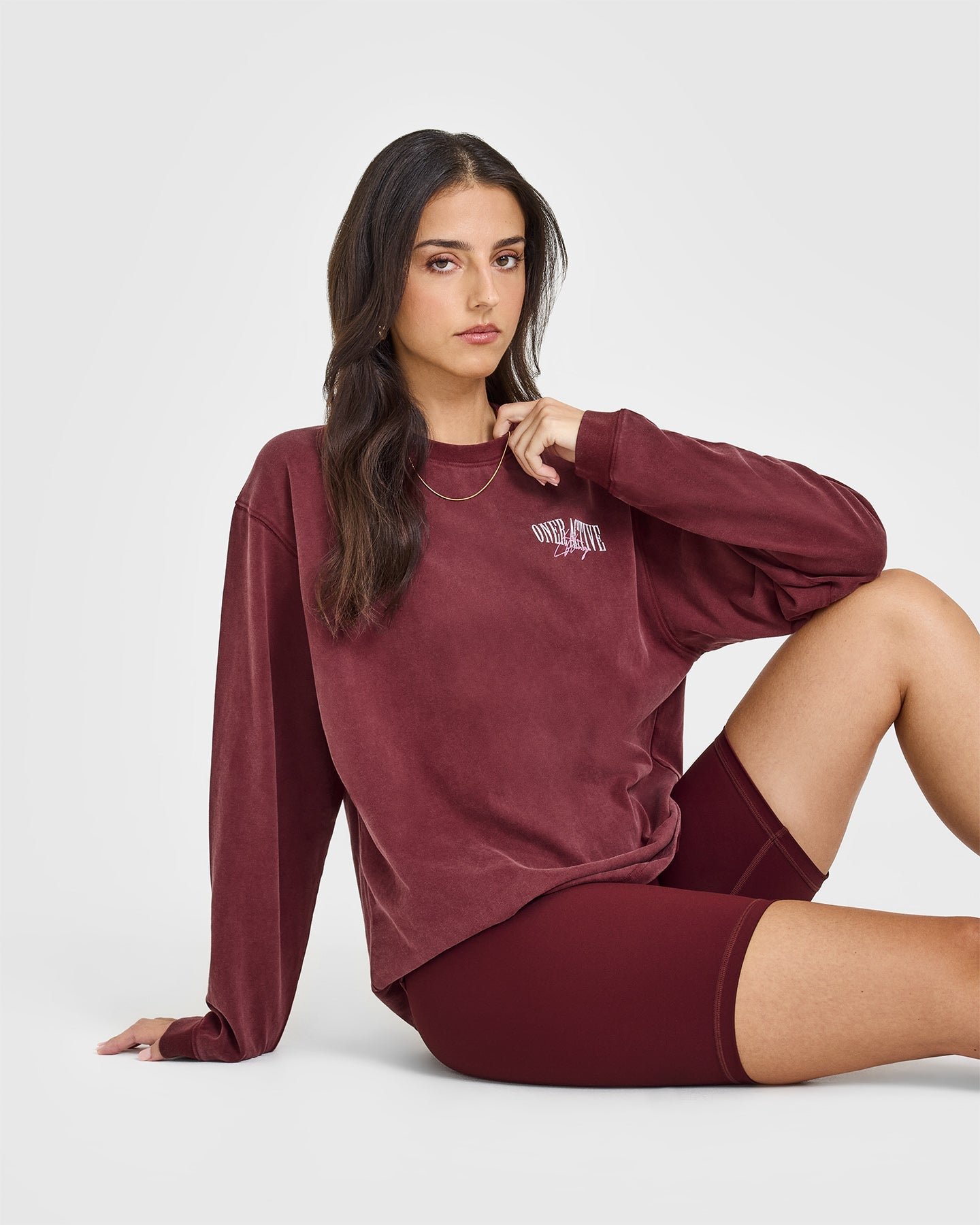 Oner Graphic Washed Long Sleeve T-Shirt for Women | Vintage Rosewood Print | Casual Streetwear & Layering Essential