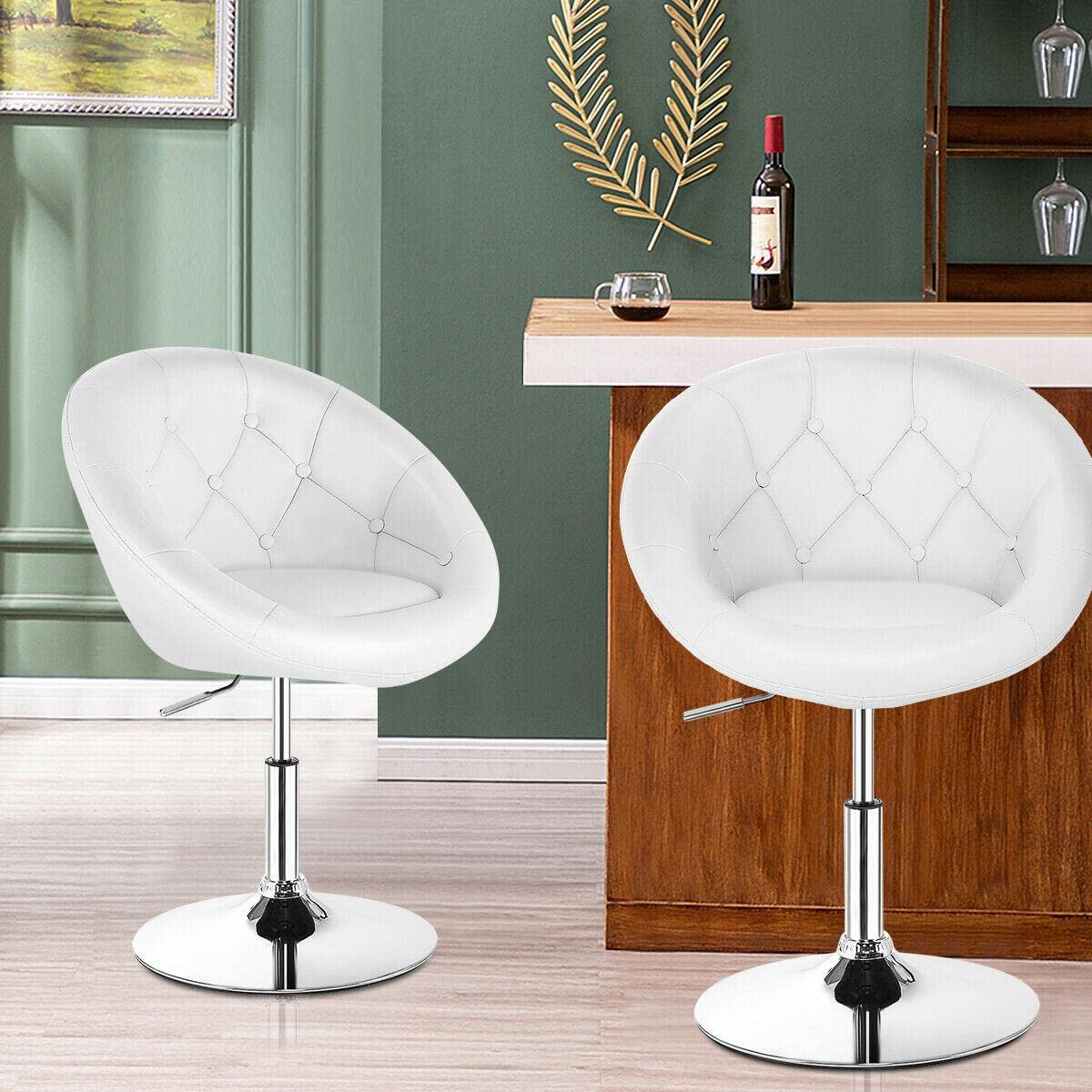 Adjustable Swivel Bar Stools Set of 2 - White Tufted Back Kitchen Counter Chairs for Home & Bar Use
