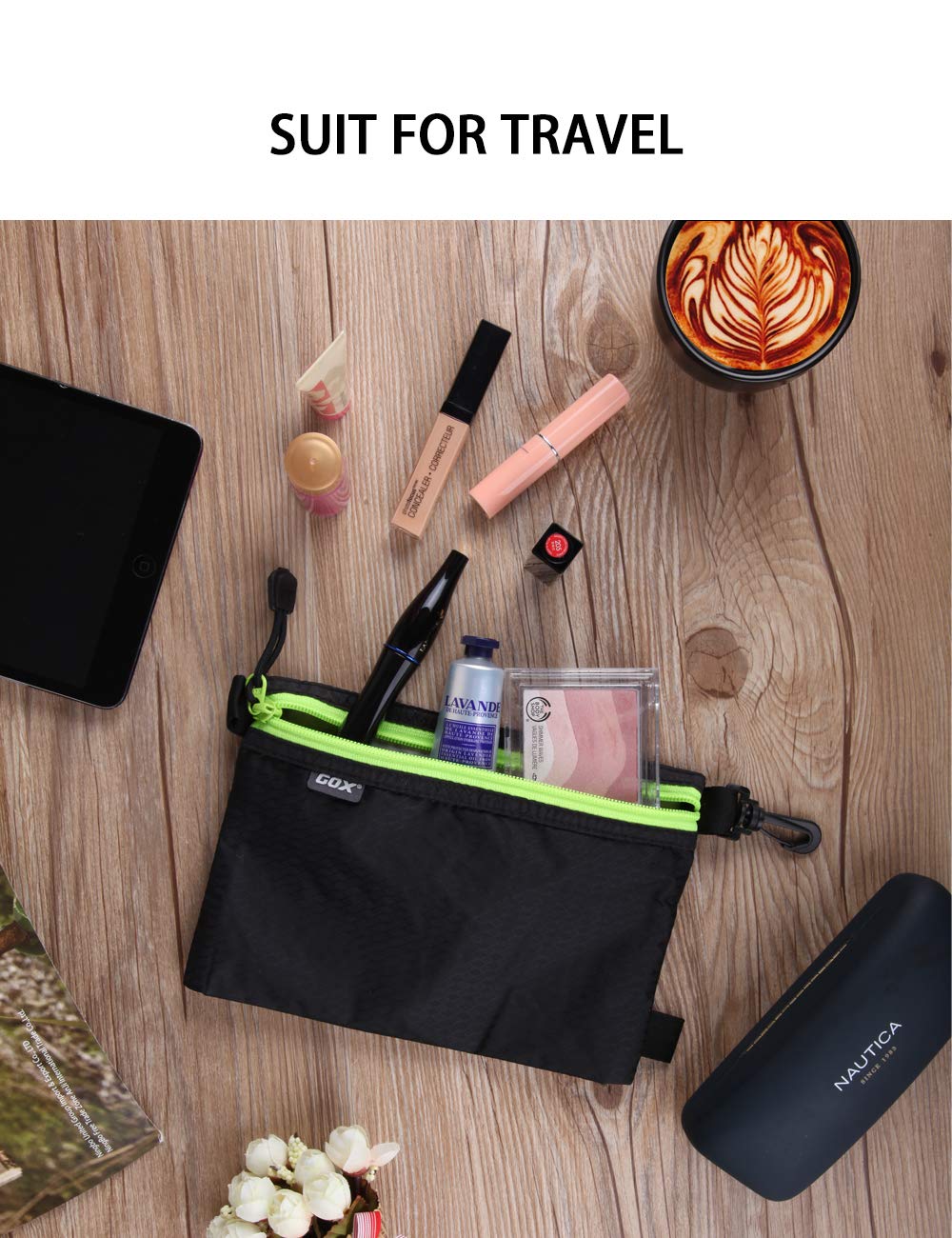 GOX Ultra Light Carry-On Toiletry Bag - Waterproof Zippered Makeup & Travel Organizer Pouch for Cosmetics, Electronics & Essentials (Black) - Perfect for Air Travel, Gym, Camping & Daily Use