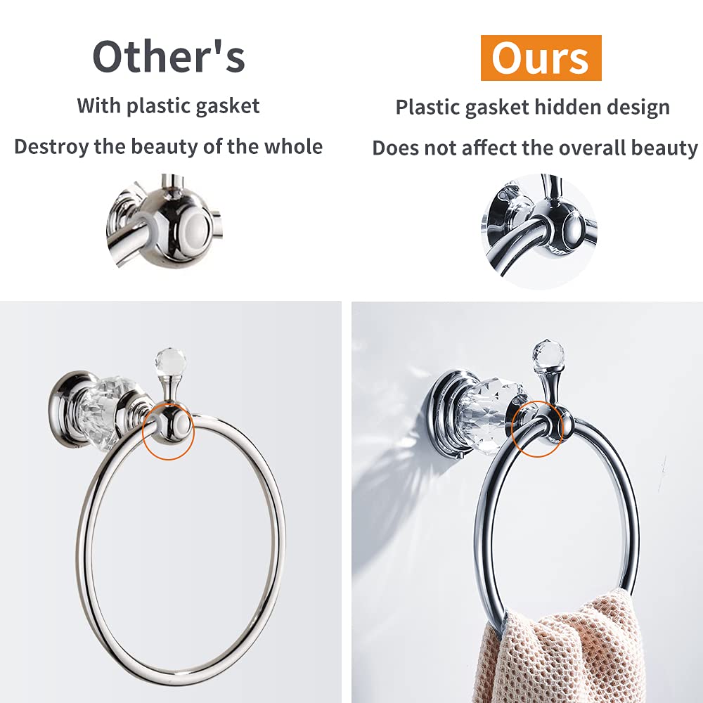 WOLIBEER Chrome Towel Ring - Crystal Hand Towel Holder & Polished Bath Towel Bar - Bling Bathroom Accessories Wall Mounted - Perfect for Bathroom, Kitchen, and Spa Decor