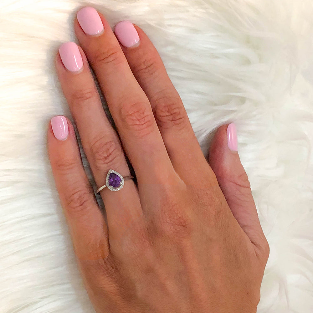 9ct White Gold Amethyst & Diamond Pear Shape Ring for Women - Elegant Engagement, Wedding & Anniversary Jewelry Gift