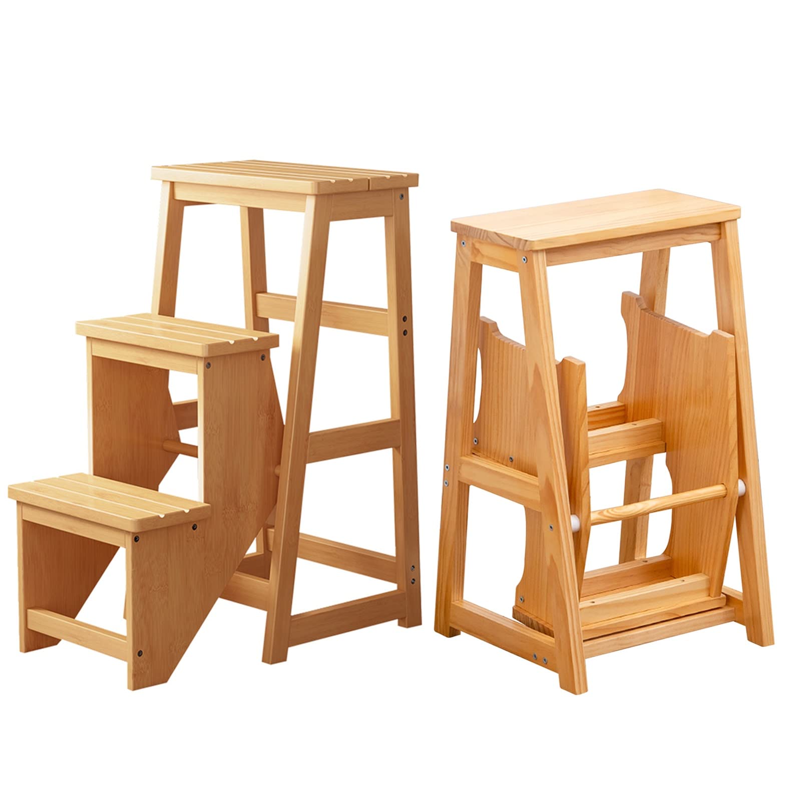 FADUNI 3-Step Wooden Folding Step Stool - Multifunctional 3-in-1 Ladder Stool with Anti-Slip Tread for Home, Kitchen, Bathroom & Kids' Room - Compact Safety Stool for Reaching High Shelves