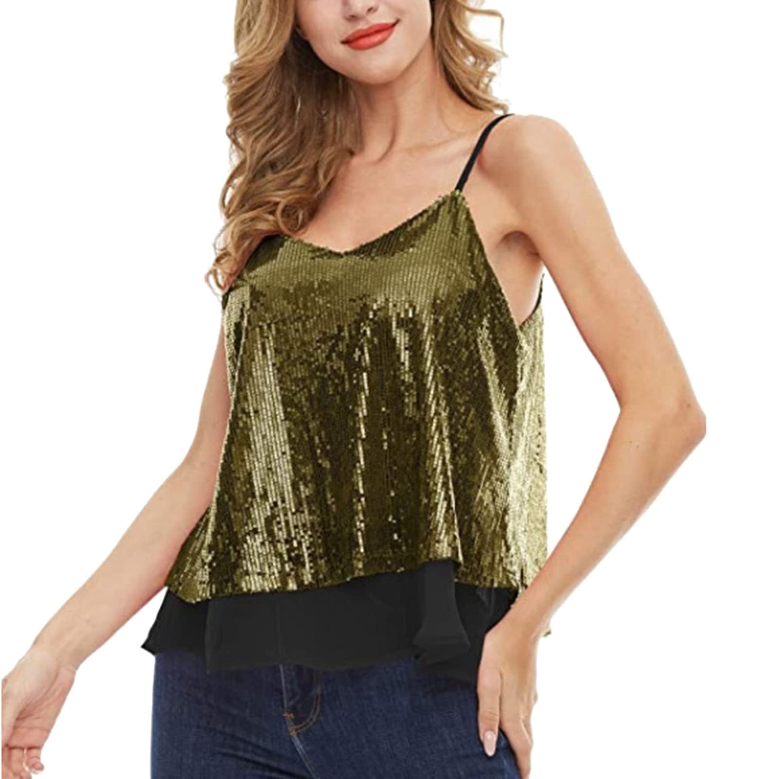 Sequined Vest Top for Women - V-Neck Plus Size Blouse for Party & Night Out