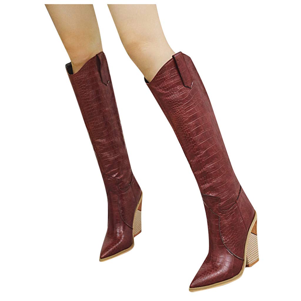 Vintage Women's Knee High Wide Calf Boots - Pointed Toe Wedge Heel Biker Riding Cowboy Western Pull On Boots | Comfortable & Stylish for Motorcycle, Horse Riding, Night Out and Fall Winter Fashion