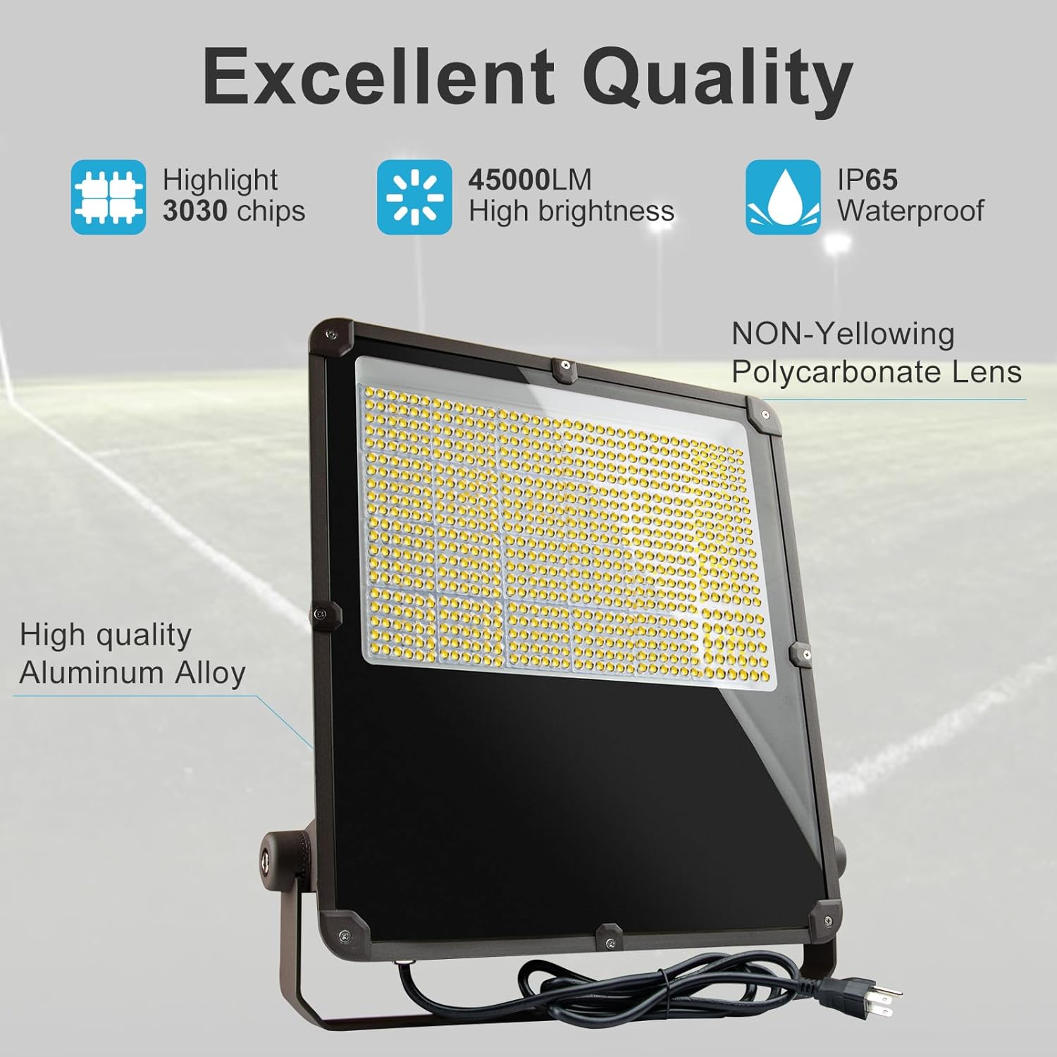 300W LED Flood Lights Outdoor, 45000LM (1200W Equivalent) - IP65 Waterproof, Photocell Sensor, AC100-277V - Perfect for Stadium, Backyard, Parking Lot, Warehouse & Construction Site Lighting - 4 Pack with 5-Year Warranty