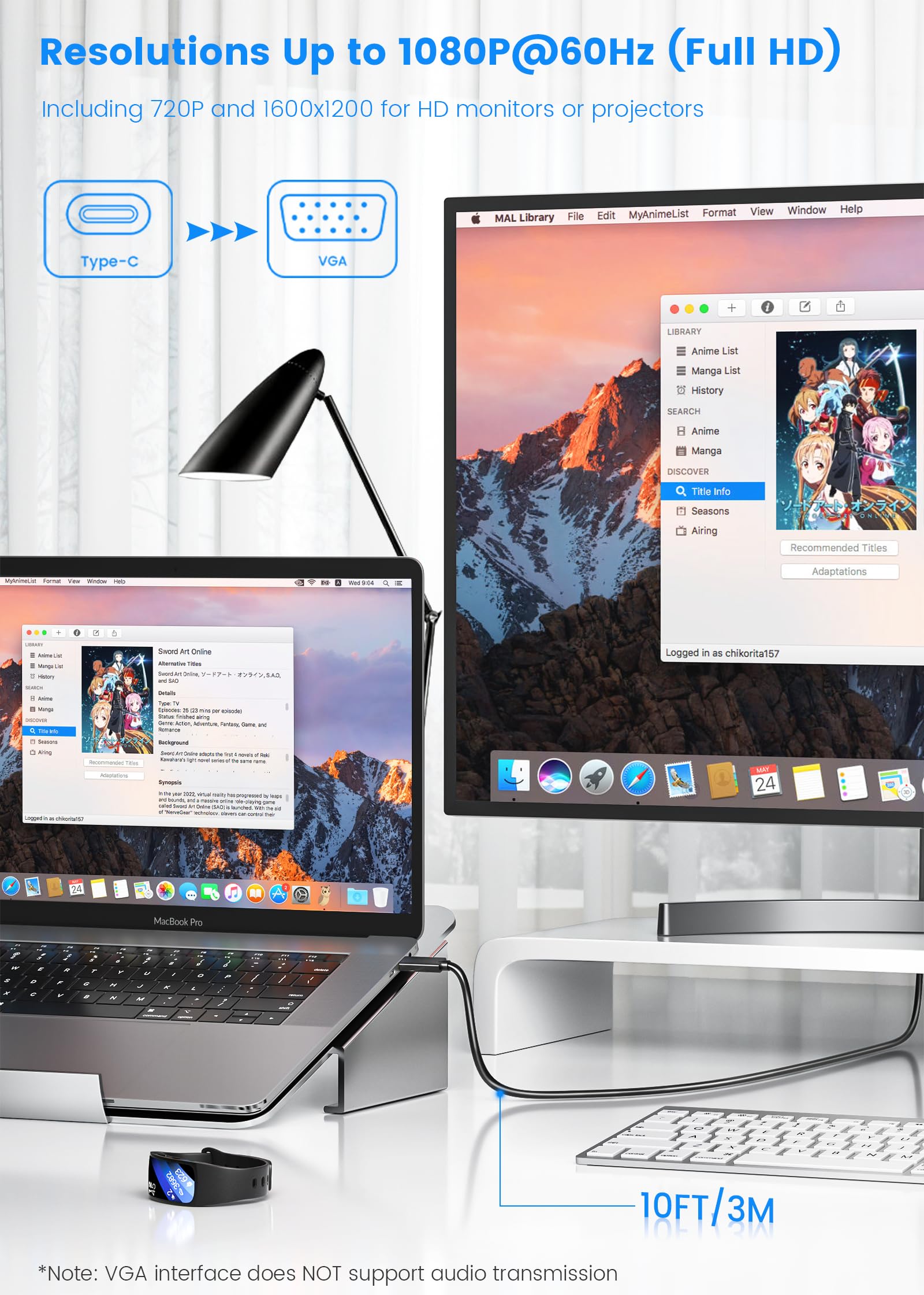 FOINNEX 10FT USB-C to VGA Cable - Thunderbolt 3/4 Compatible Adapter for MacBook Pro/Air, Dell XPS, HP, Lenovo - Connect Laptop to Monitor/Projector for Work Presentations & Home Theater