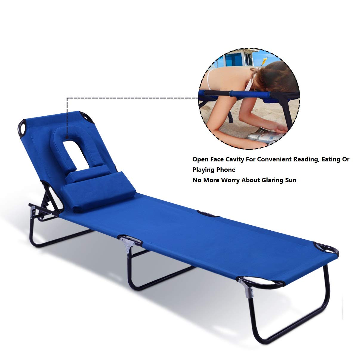 Casart Adjustable Folding Chaise Lounge Chair - Portable Beach Chair with Face Hole for Comfort, Perfect for Sunbathing at Pool, Patio, Backyard & Outdoor Relaxation (2-Pack)