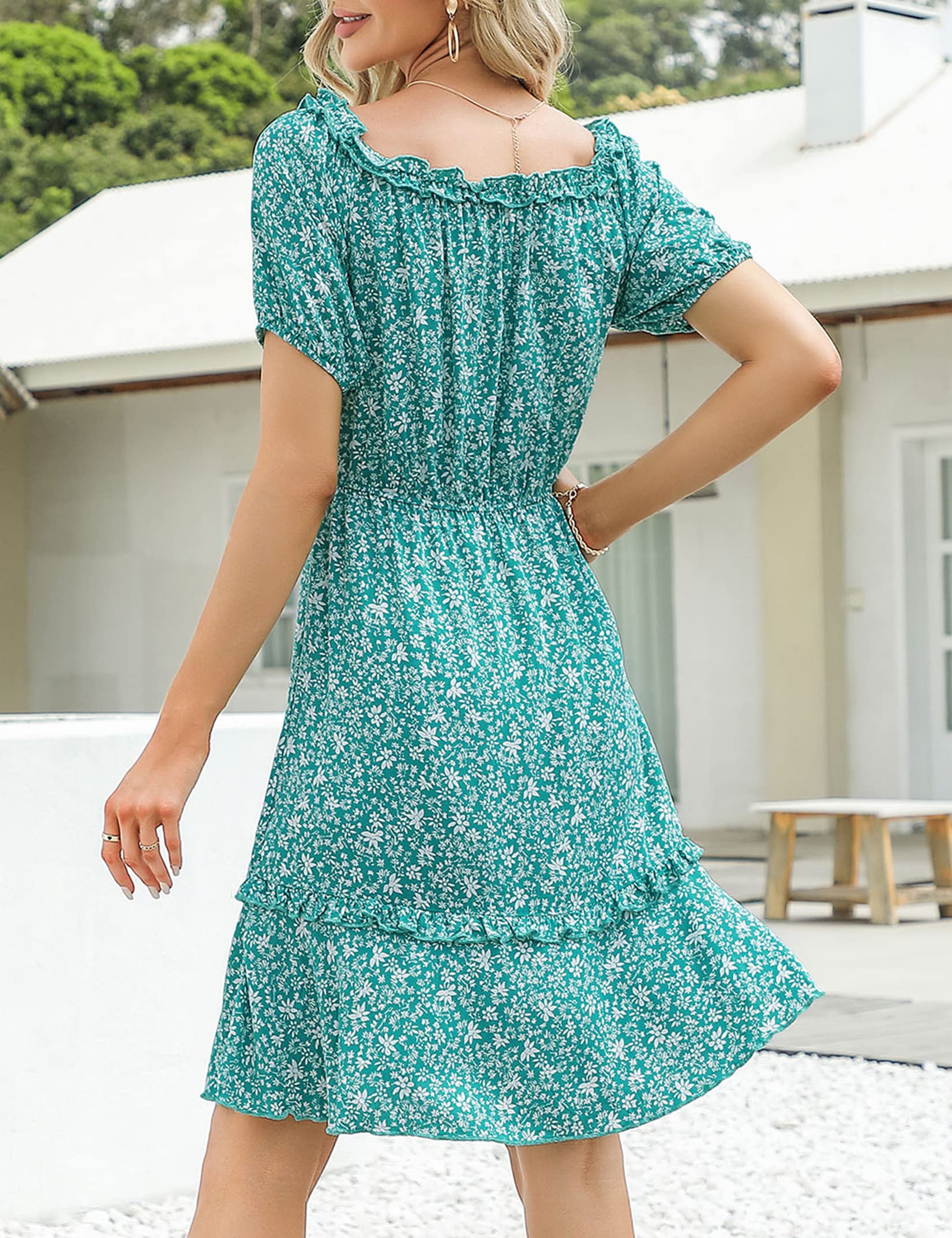 MISSKY Floral Off Shoulder Dress for Women - Short Sleeve Sexy Flowy Summer Dress with Elastic Waist - Perfect for Beach Vacation, Date Night & Outdoor Parties