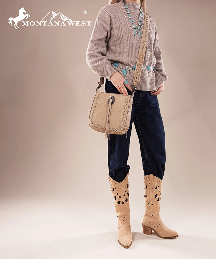 Montana West Genuine Leather Tooled Whipstitch Crossbody Purse for Women - Stylish Handbag for Everyday Use, Travel & Shopping