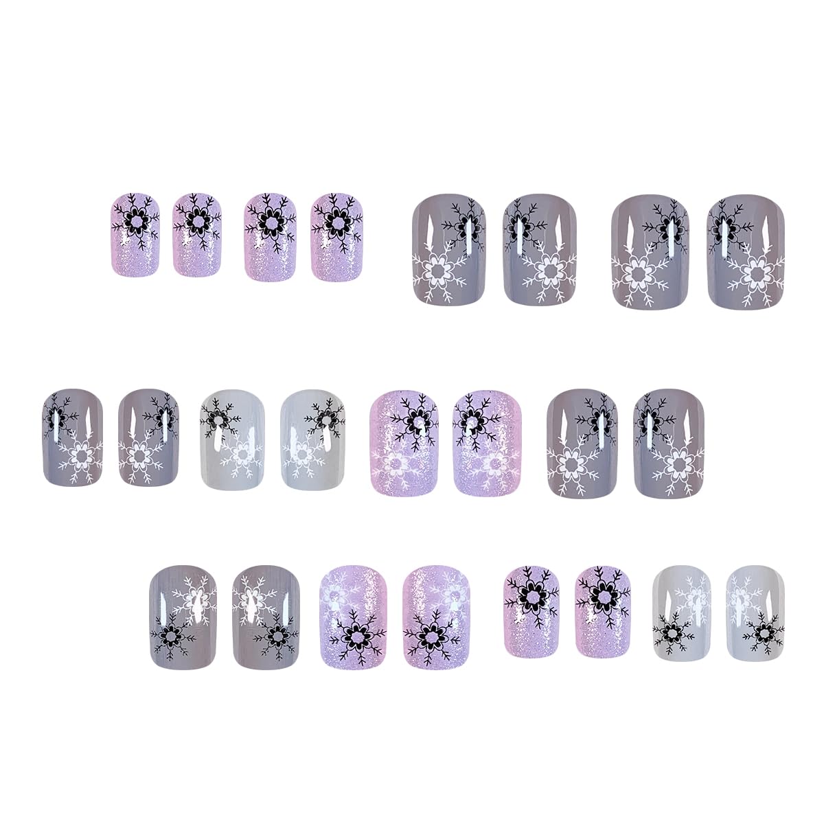 24Pcs Christmas Snowflake Press on Nails - Short Square Fake Nails with Silver Glitter Designs, Purple Full Cover Glue on Nails, Black & White Snowflake Christmas False Nails for Women - Perfect for DIY Winter Manicure, Holiday Parties & Gift Giving