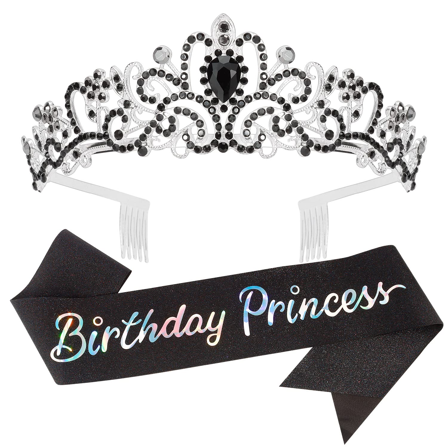 Sparkling Princess Crown & Tiara Set for Girls - Black Birthday Sash, Party Crown & Accessories - Perfect for Princess Themed Birthday Decorations & Dress Up Play