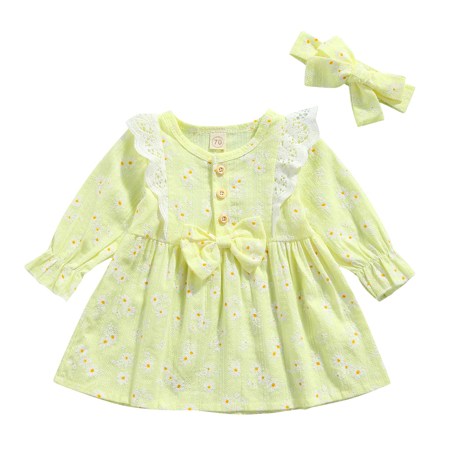 2Pcs Toddler Baby Girls Ruffle Daisy Long Sleeve Dress with Bow Headband - Cute Spring & Autumn Outfits for Photoshoots, Parties & Daily Wear
