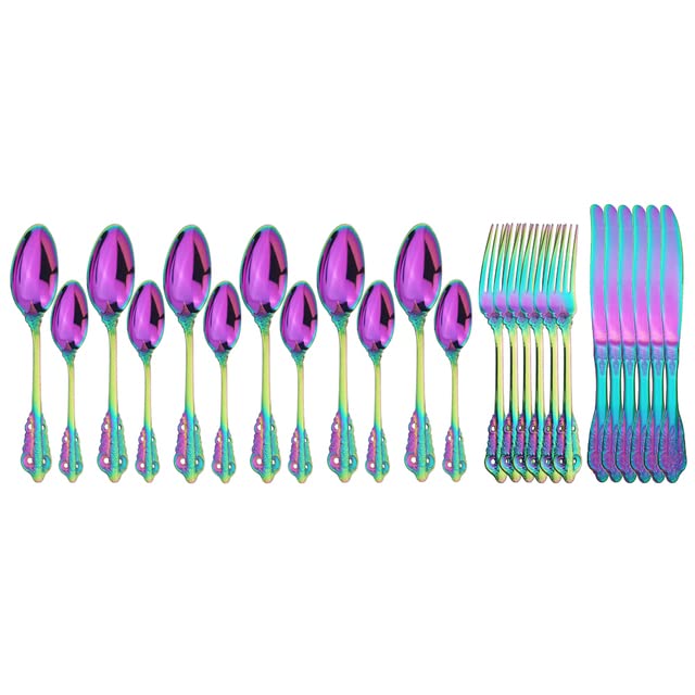 Premium 24-Piece Black Stainless Steel Flatware Set - 304 Stainless Steel Cutlery Set with Knife, Fork & Spoon - Elegant Rainbow Dinnerware for Formal Dining, Wedding Gifts & Restaurant Table Settings