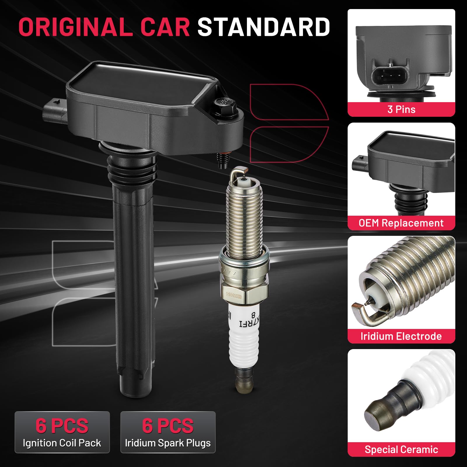 BDFHYK Ignition Coil Pack UF807 & Iridium Spark Plugs 93175 - Compatible with Chrysler Pacifica, Dodge Durango, Jeep Grand Cherokee/Wrangler, Ram 1500 3.6L V6 (68223569AB, LKR7DIX-11S) - 6-Piece Set for Improved Engine Performance & Fuel Efficiency
