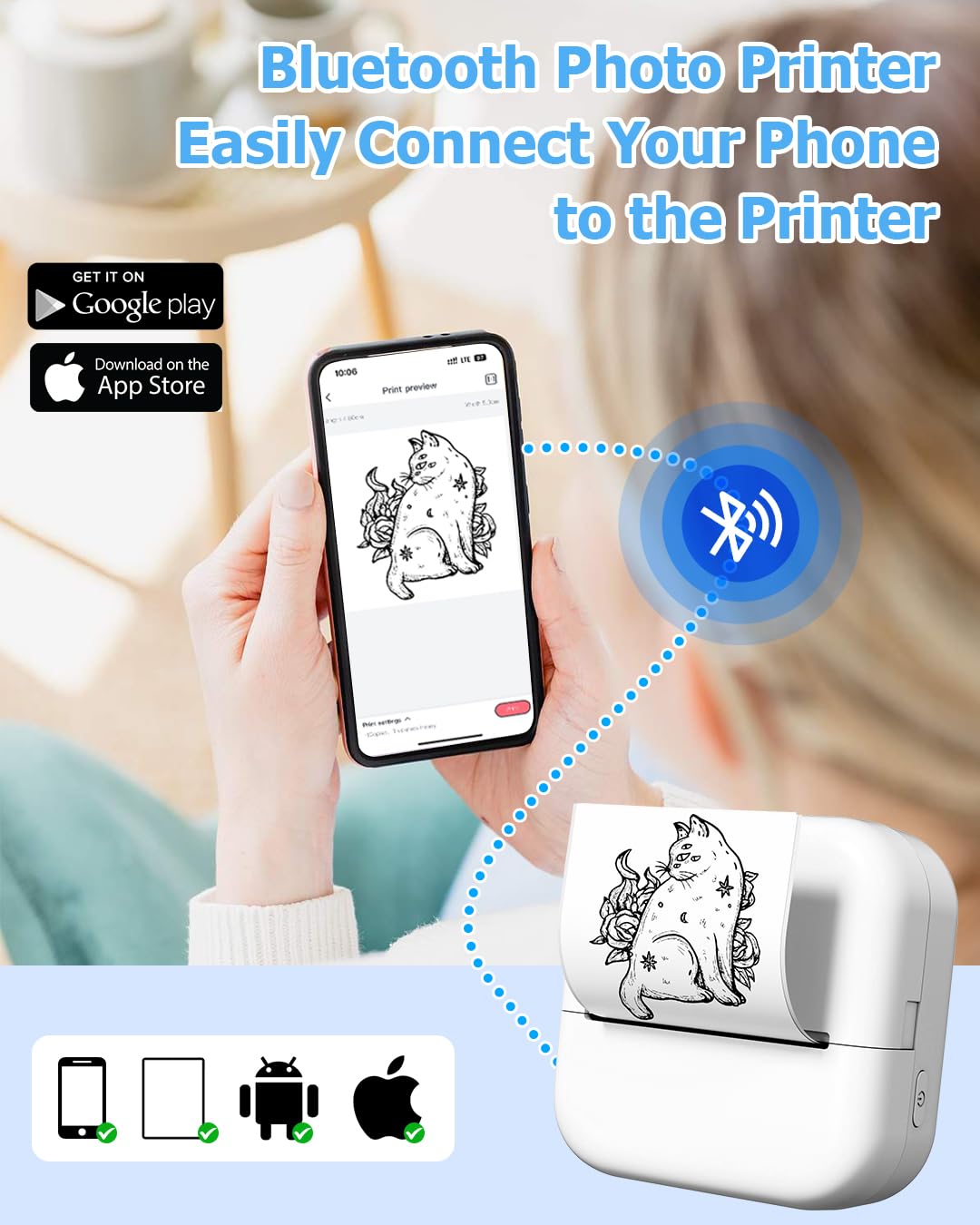 Bluetooth Mini Sticker Printer M02X - Portable Inkless Pocket Photo Printer with 3 Rolls Paper for Study Notes, DIY Crafts, Scrapbooking, Memories & Gift Giving - Perfect for School, Office, Travel and Home Use
