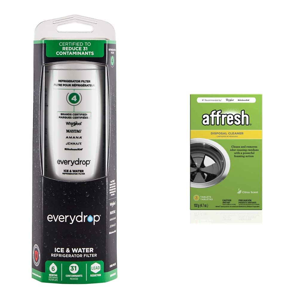 Whirlpool EDR4RXD1 EveryDrop Refrigerator Water Filter (Single-Pack) & Affresh Garbage Disposal Cleaner Tablets (3-Count) - Eliminates Odors, Improves Water Taste - Perfect for Kitchen Maintenance & Appliance Care