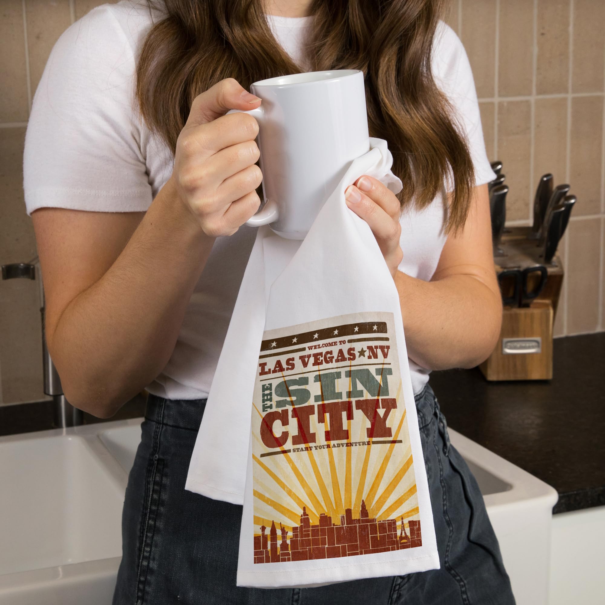 Las Vegas Nevada Skyline Sunburst Screenprint Tea Towel - 100% Cotton Decorative Hand Towel for Kitchen & Home Decor - Perfect for Dish Drying, Gift Giving & Western Themed Decor