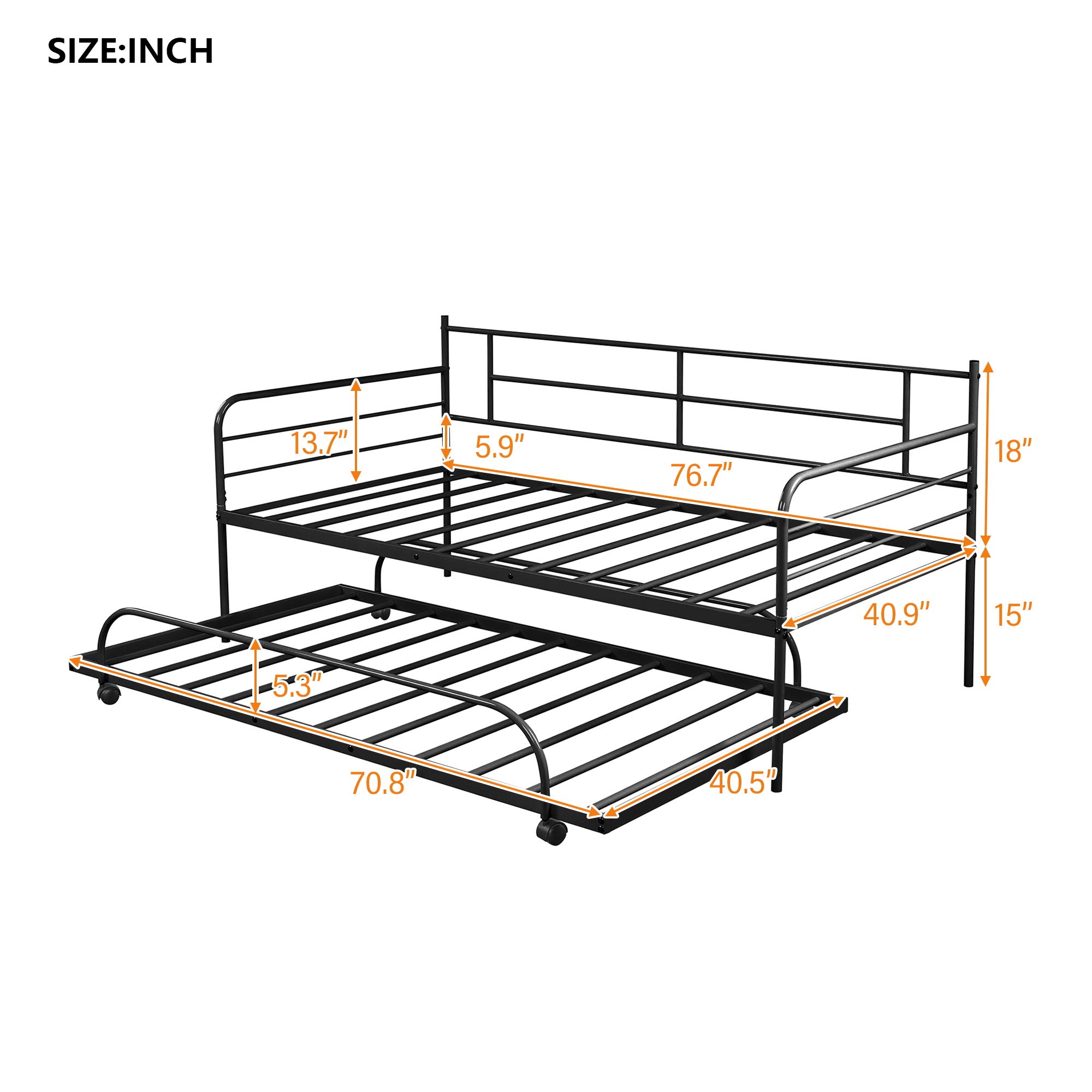 Twin Size Daybed with Trundle Bed - Sturdy Metal Frame, No Box Spring Needed - Perfect for Kids, Teens & Adults - Ideal for Guest Rooms, Dorms & Small Spaces - Black