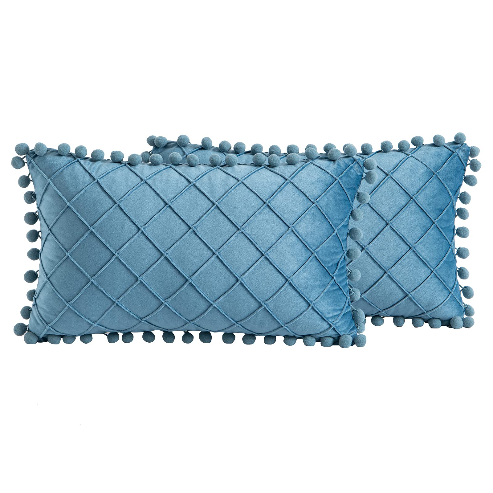 Soft Velvet Throw Pillow Covers Set of 2 - 12x20 Inch Decorative Square Plaid Cushion Covers with Pom Poms (Blue) for Living Room, Bedroom & Sofa Decor