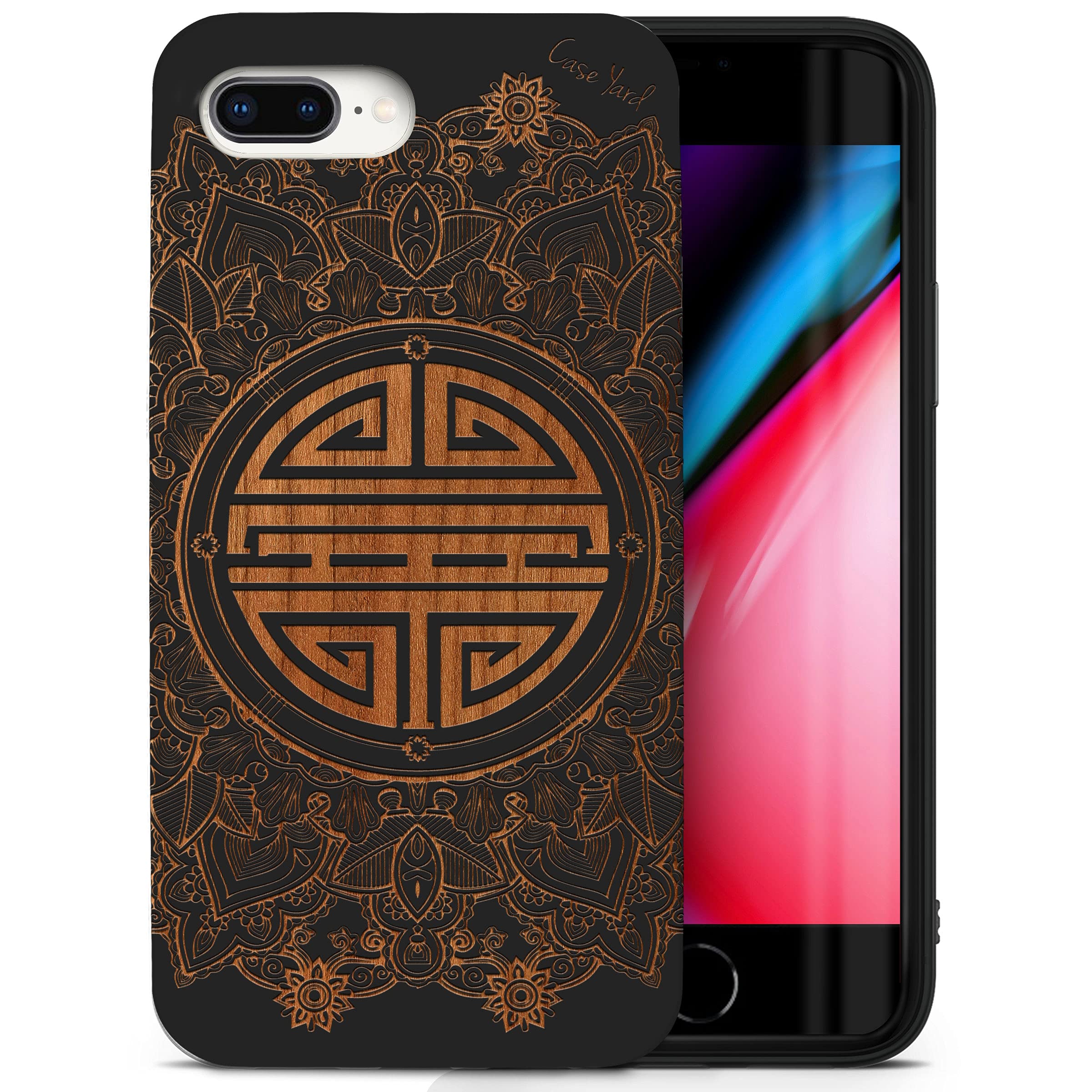 Wooden Phone Case for iPhone 8 Plus - Laser Engraved Chinese Mandala Design - Black Wood Protective Cover - Shockproof Slim Fit Case for Men & Women - Perfect for Travel, Work & Everyday Use
