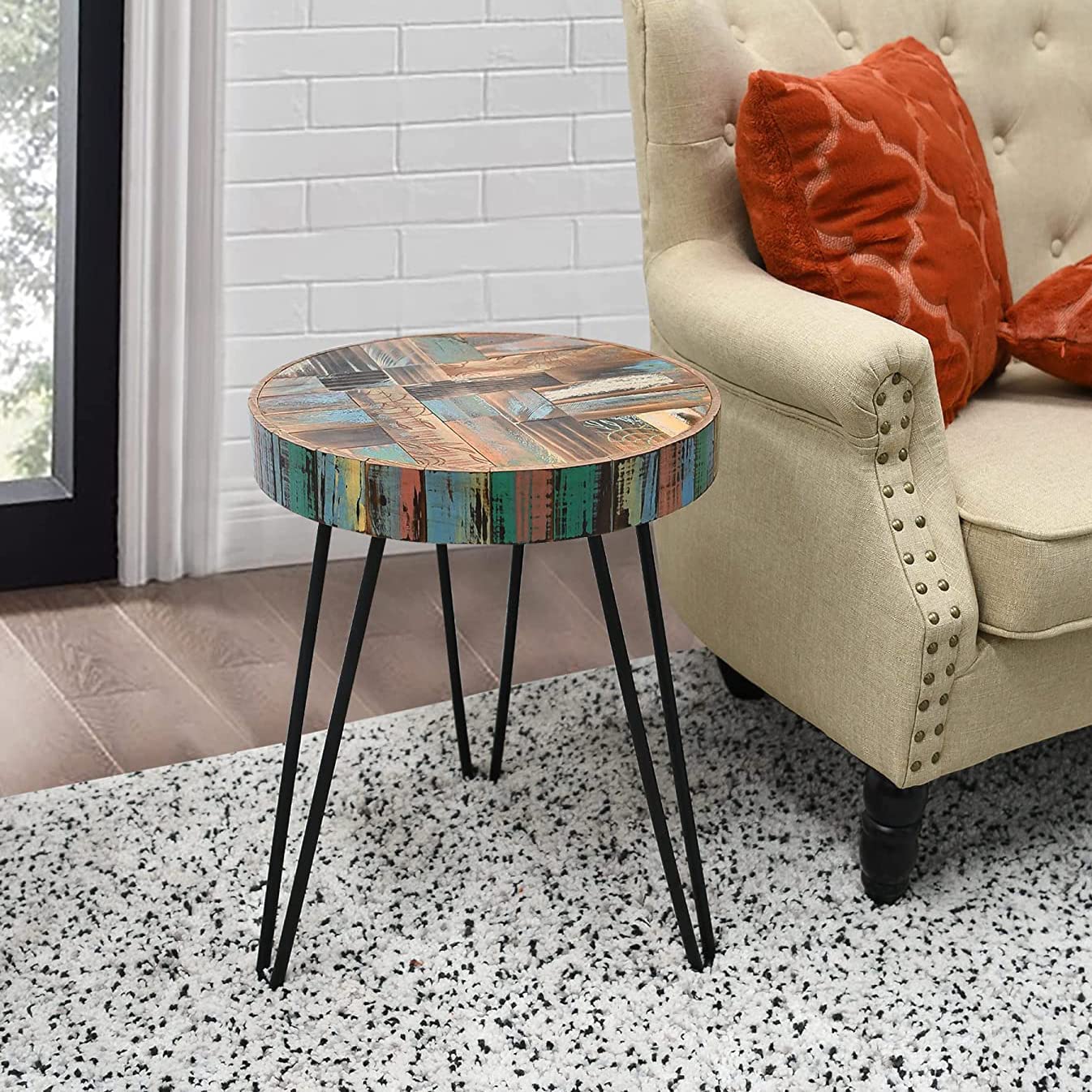 Reclaimed Wood Round End Table with Carved Patterns - 15.5