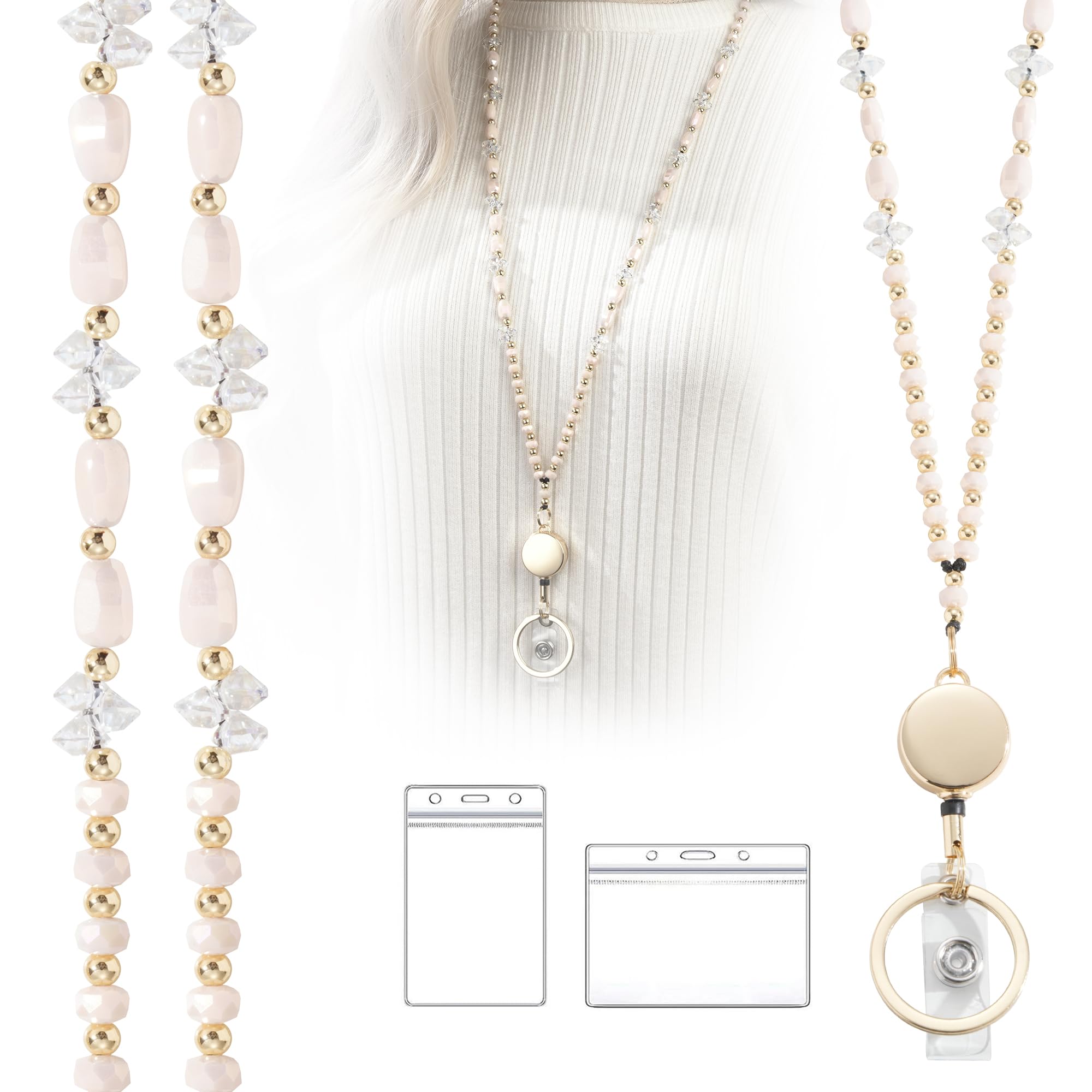 Retractable Beaded Lanyard for ID Badges & Keys - Cream Crystal for Women & Teachers - Office & School Use