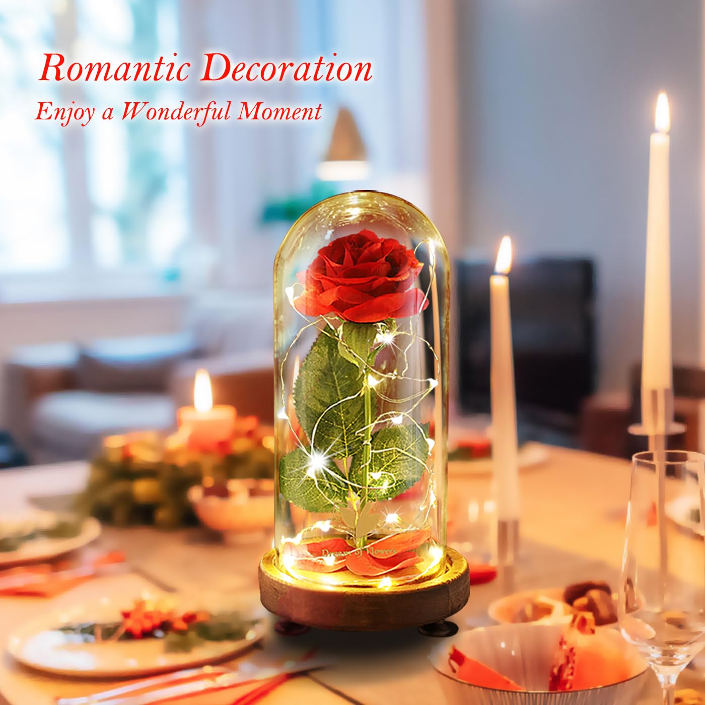 Beauty and The Beast Rose Gift Set - Red Silk Rose with Warm LED Lights, Forever Lasting Romantic Valentine's Day, Anniversary & Birthday Gift for Her - Perfect for Home Decor, Wedding Centerpiece, and Special Occasion Presents