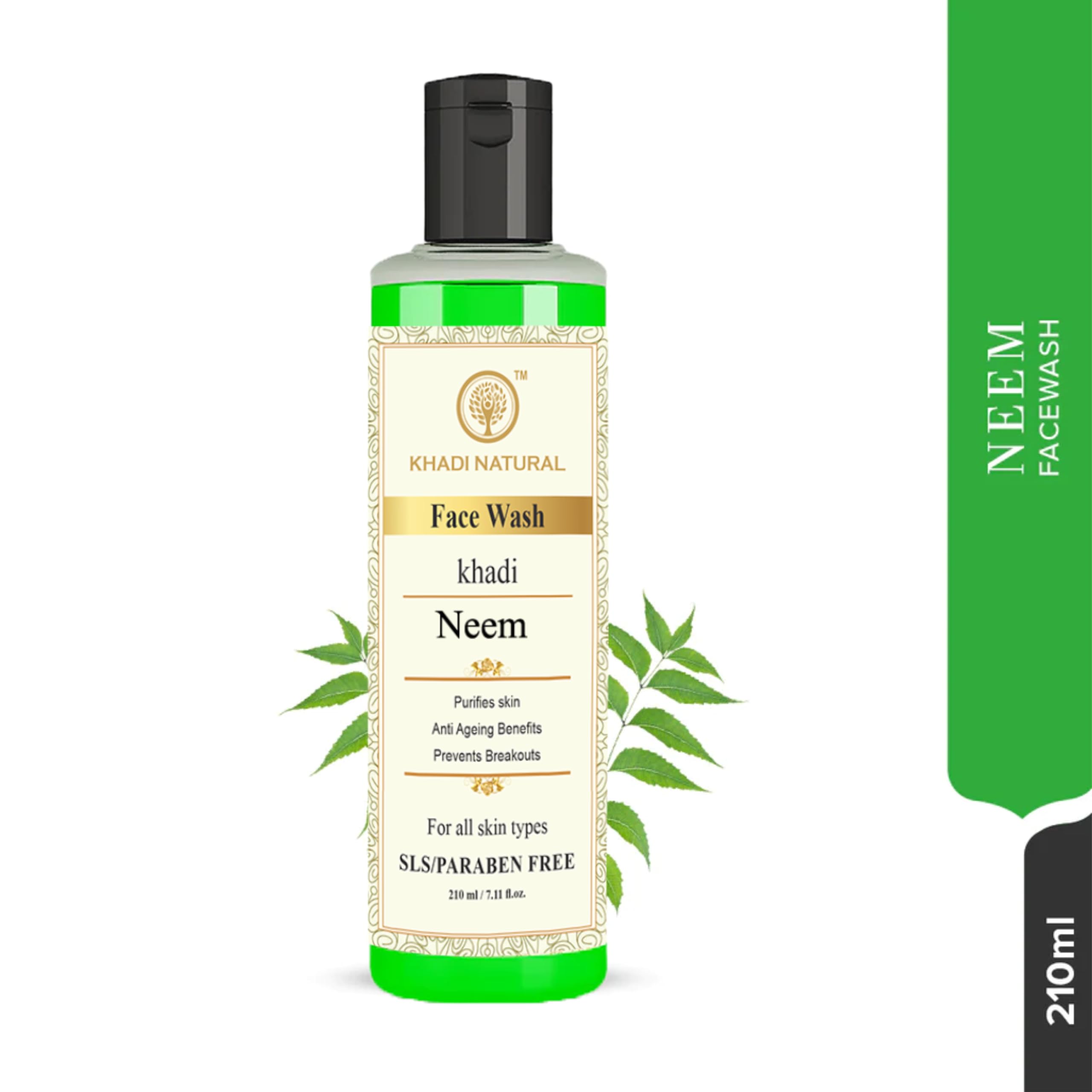 Khadi Natural Ayurvedic Neem Face Wash for Acne Prone Skin - Gentle Anti-Acne Cleanser with Neem Extract, Paraben & Sulphate Free (210ml, Pack of 2) | Daily Skincare Routine for Clear & Healthy Skin