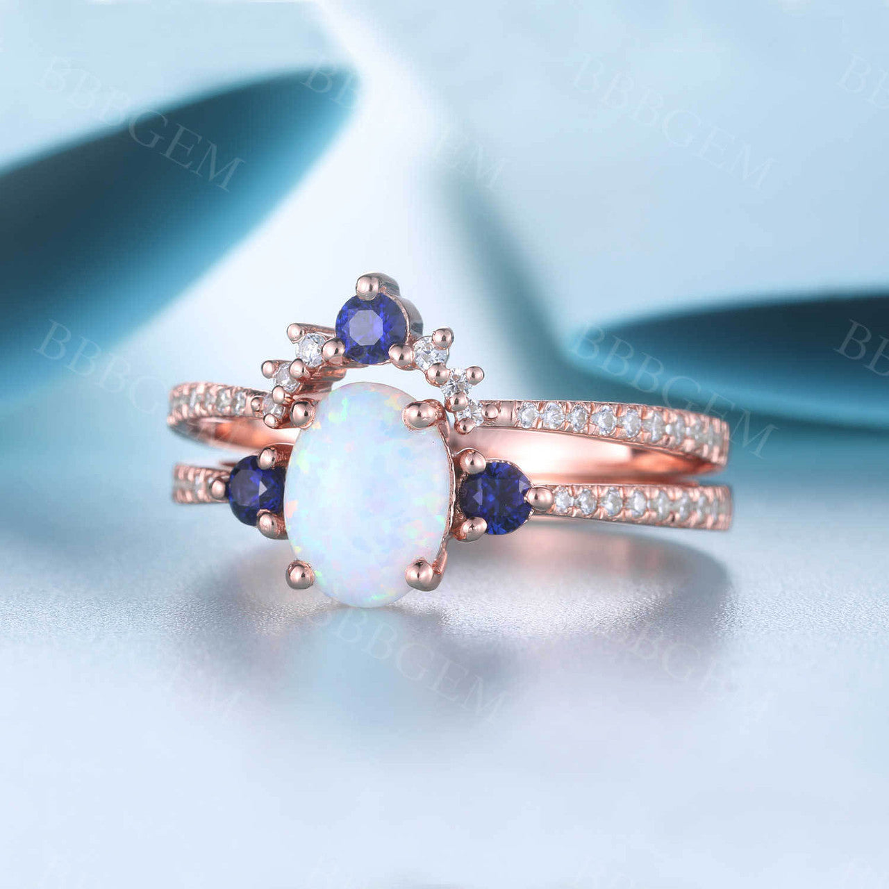 Antique Vintage Style Sapphire Opal Bridal Ring Set with Diamond Accents - Matching Wedding Band & Engagement Ring for Women - Perfect for Bridal Jewelry, Anniversary Gifts & Special Occasions