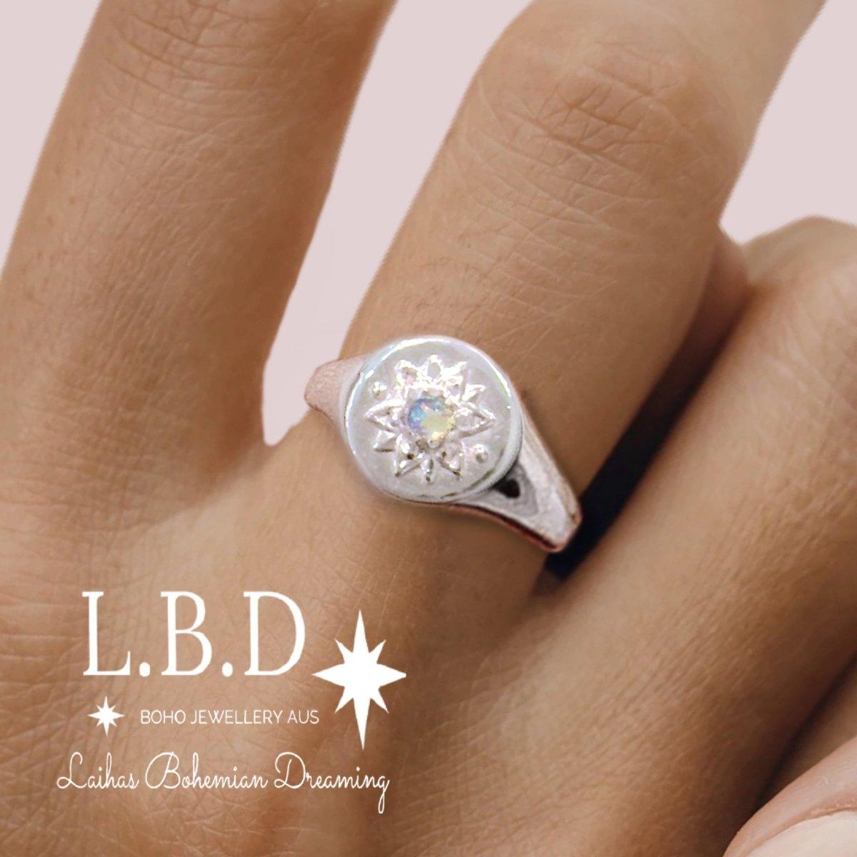 Laihas Intricate Vera May Sterling Silver Signet Ring with Genuine Opal - Elegant Jewelry for Women, Perfect for Weddings, Parties & Everyday Wear
