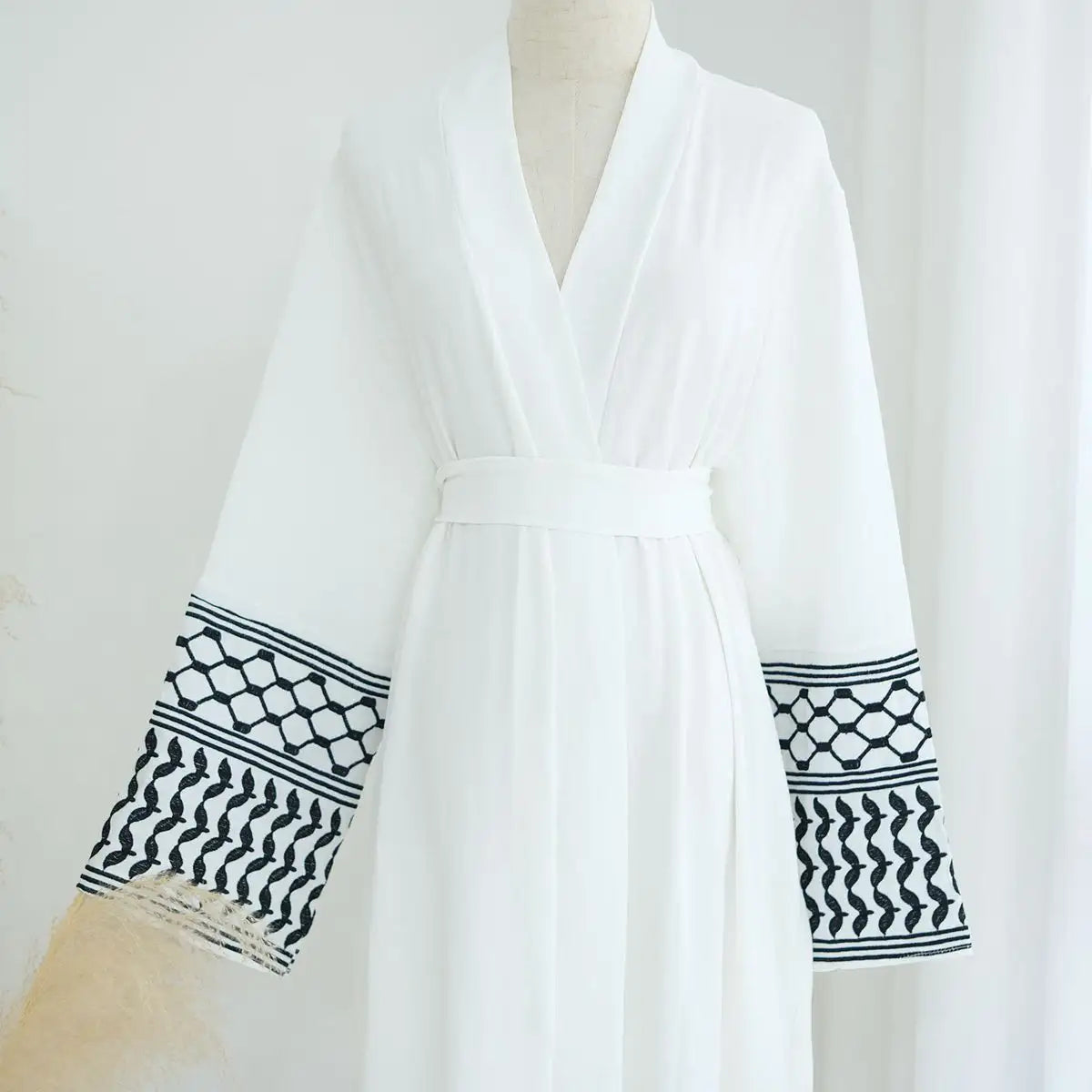Elegant Muslim Women's Open Abaya Dress with Embroidery Sleeves - Modest Islamic Clothing for Prayer, Eid & Special Occasions